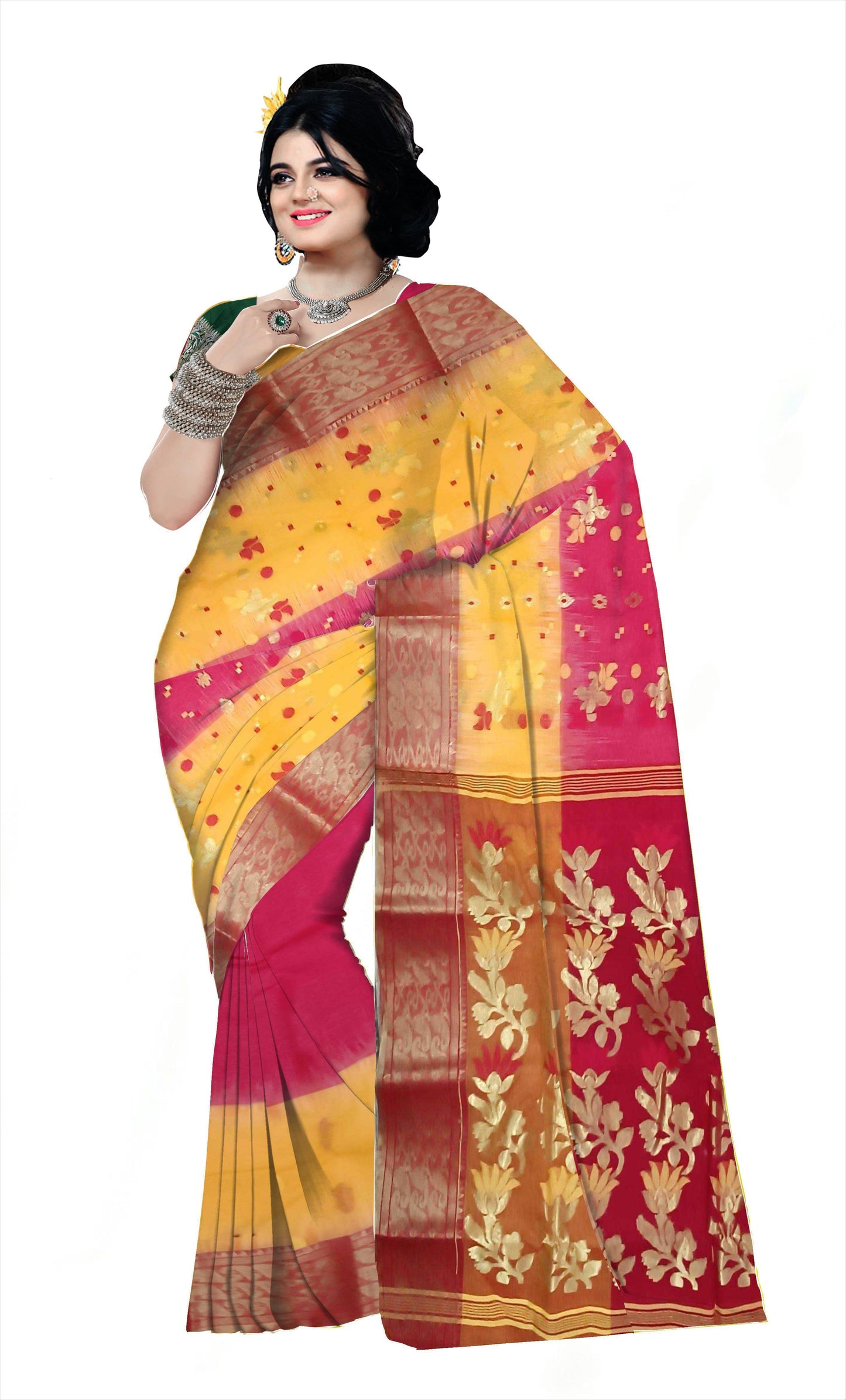Pradip Fabrics Ethnic Women's Tant Silk Red and Yellow Color Saree