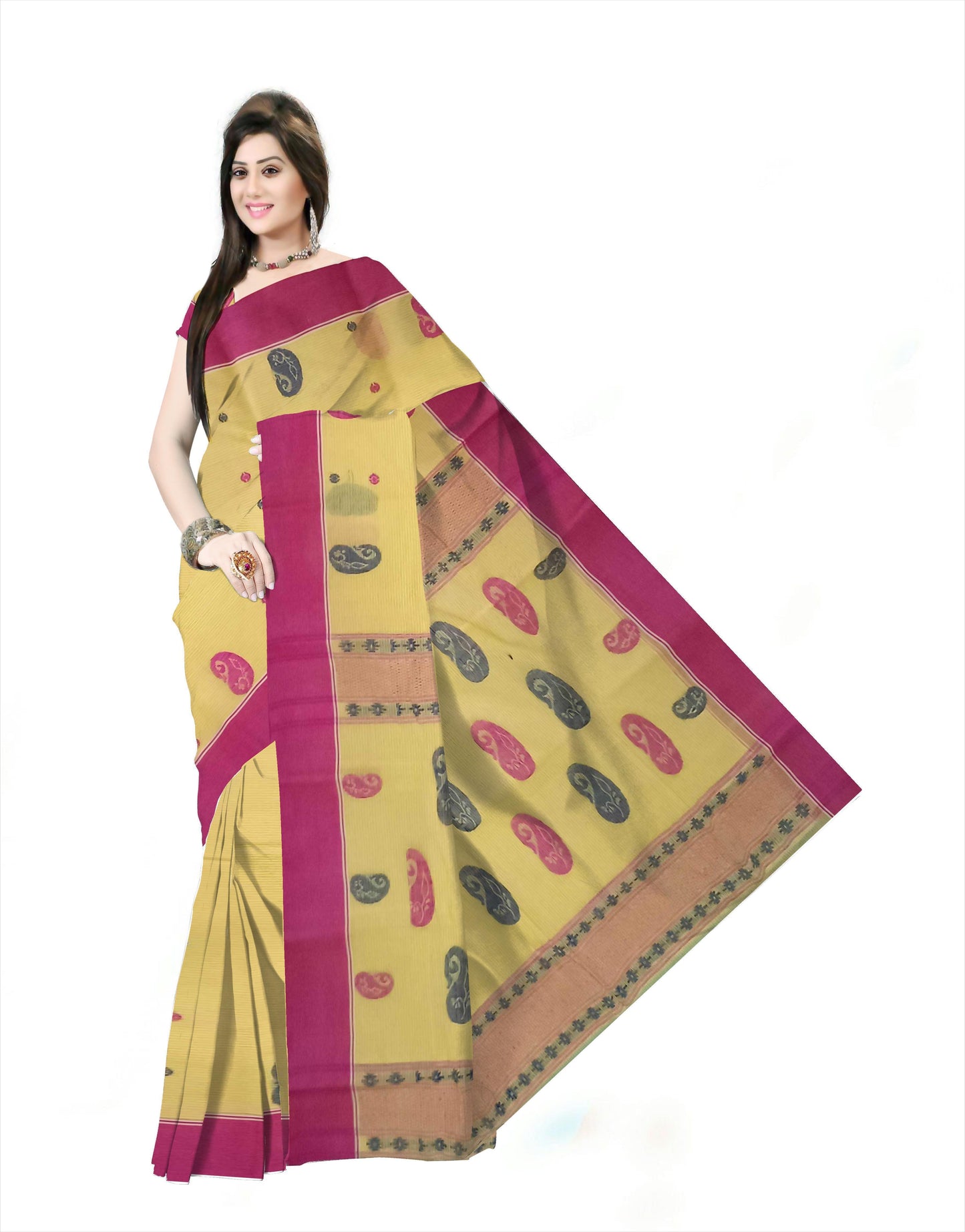 Pradip Fabrics Woven Tant Pure Cotton Saree (Yellow)