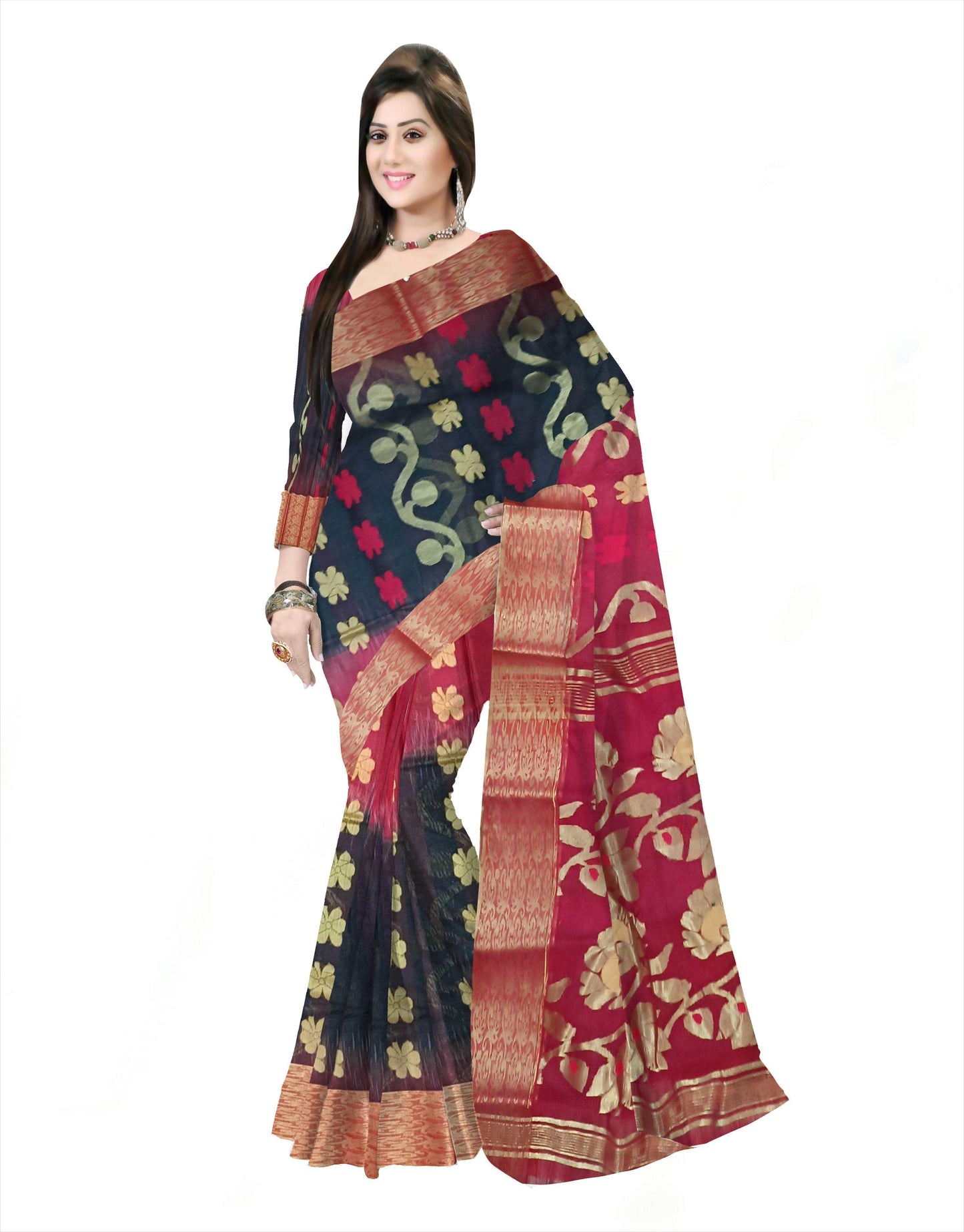 Woven Bollywood Silk Blend Saree (Red & black )