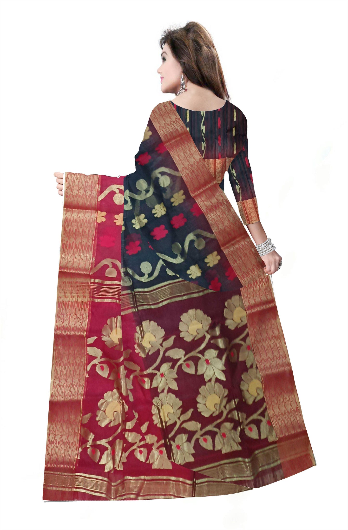 Woven Bollywood Silk Blend Saree (Red & black )