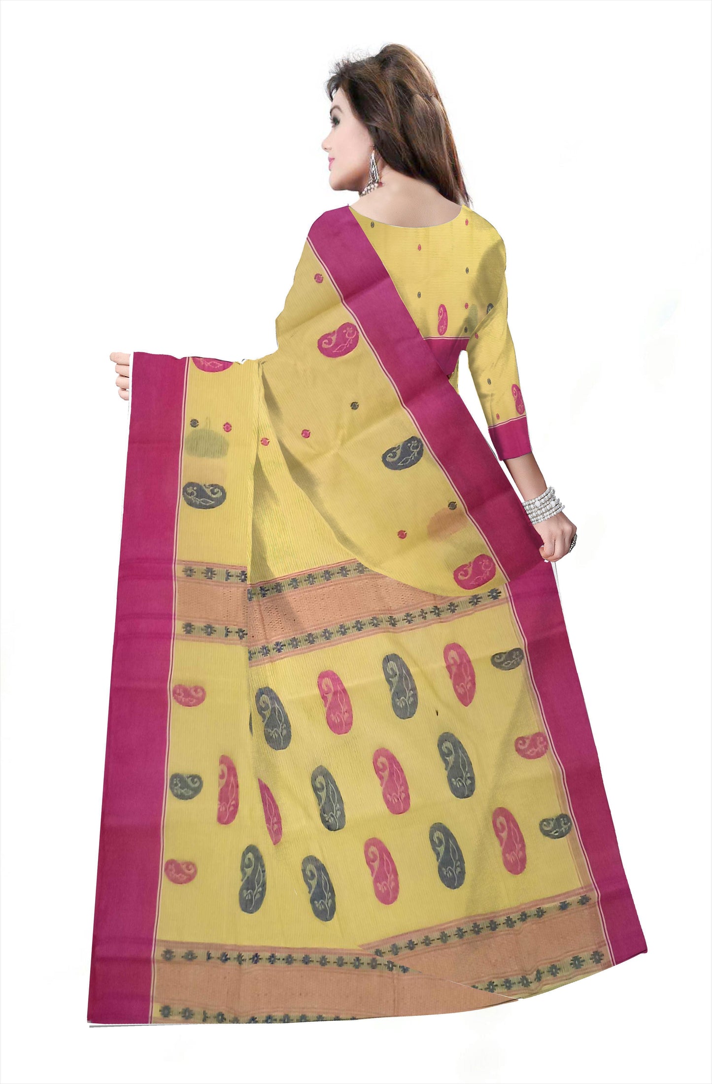 Pradip Fabrics Woven Tant Pure Cotton Saree (Yellow)