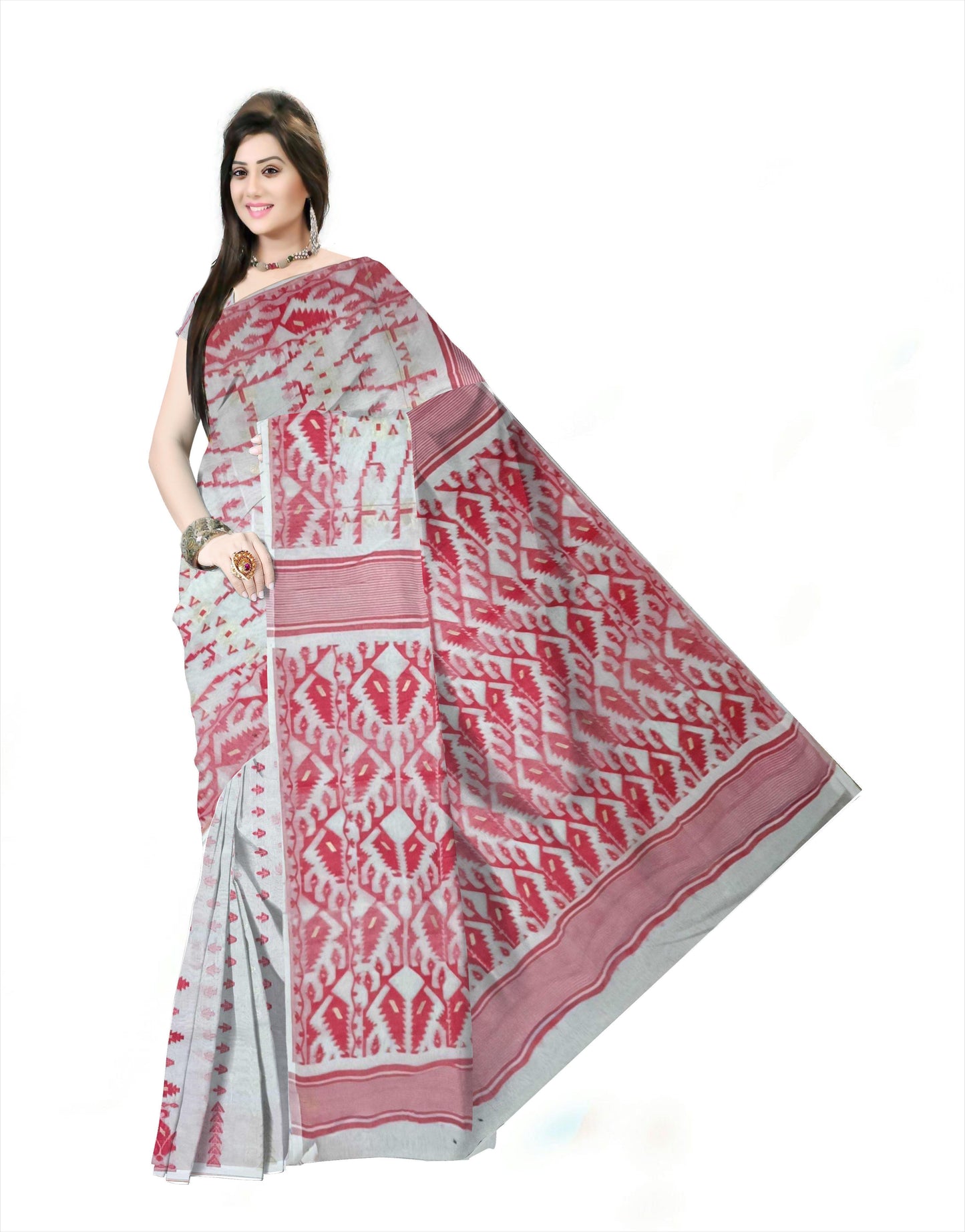 Pradip Fabrics Ethnic Women's Cotton Tant Gap Jamdani Red & white Color Saree