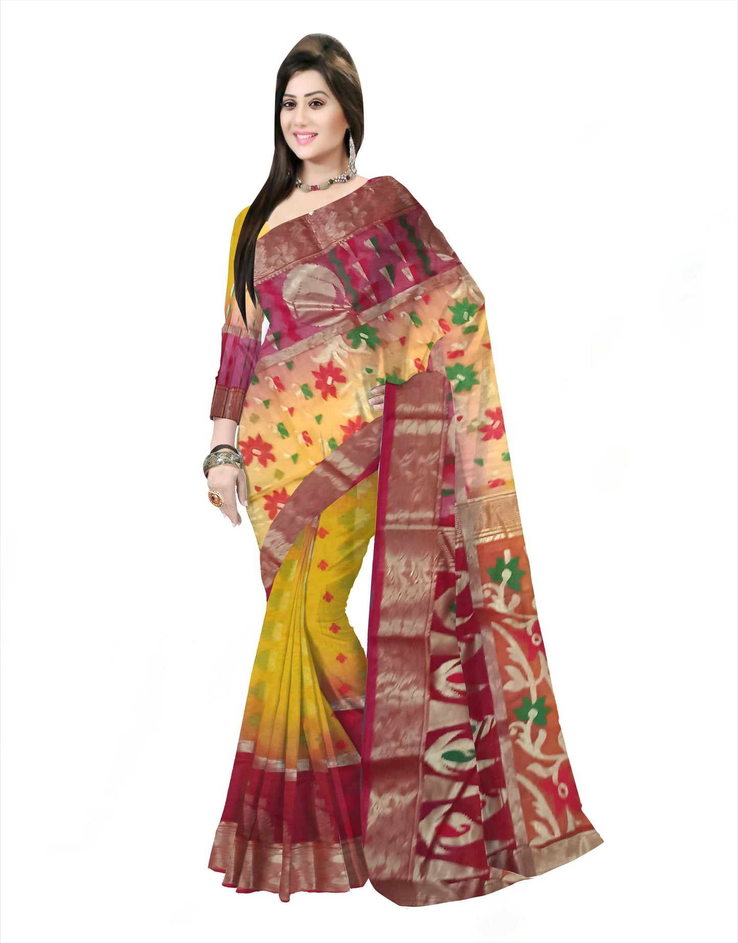 Pradip Fabrics Woven Tant Silk Blend Saree (Red & Yellow )