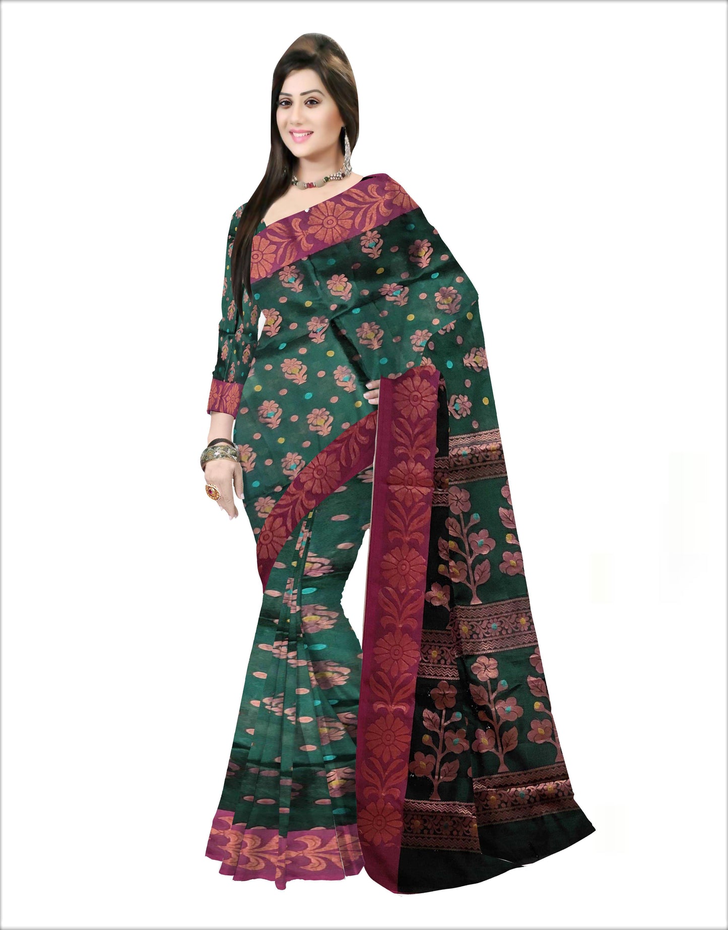 Pradip Fabrics Woven Soft Handloom Dark Green Color Saree
