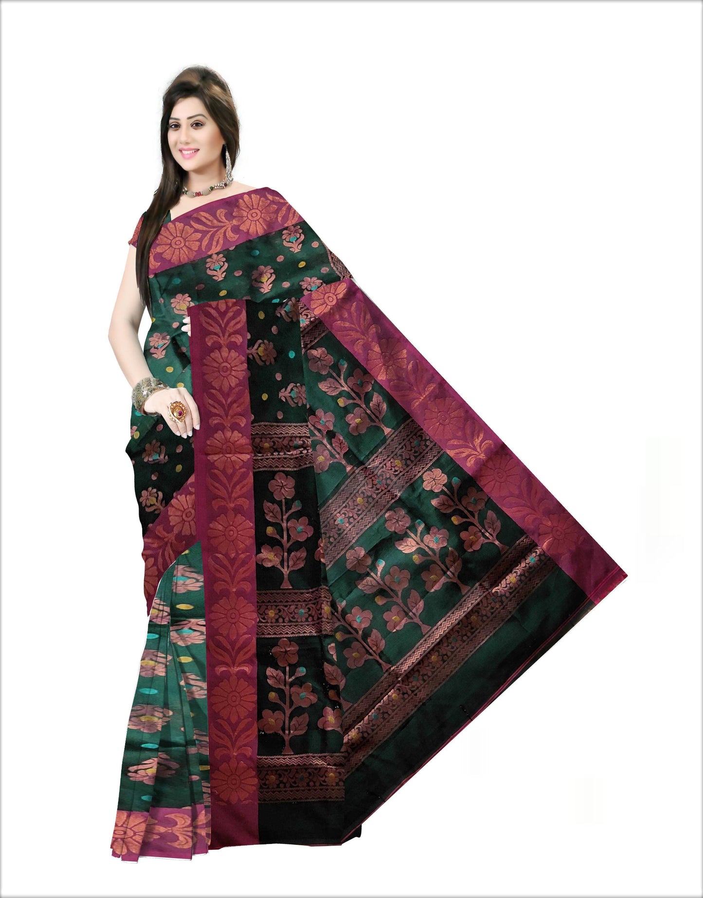 Pradip Fabrics Woven Soft Handloom Dark Green Color Saree