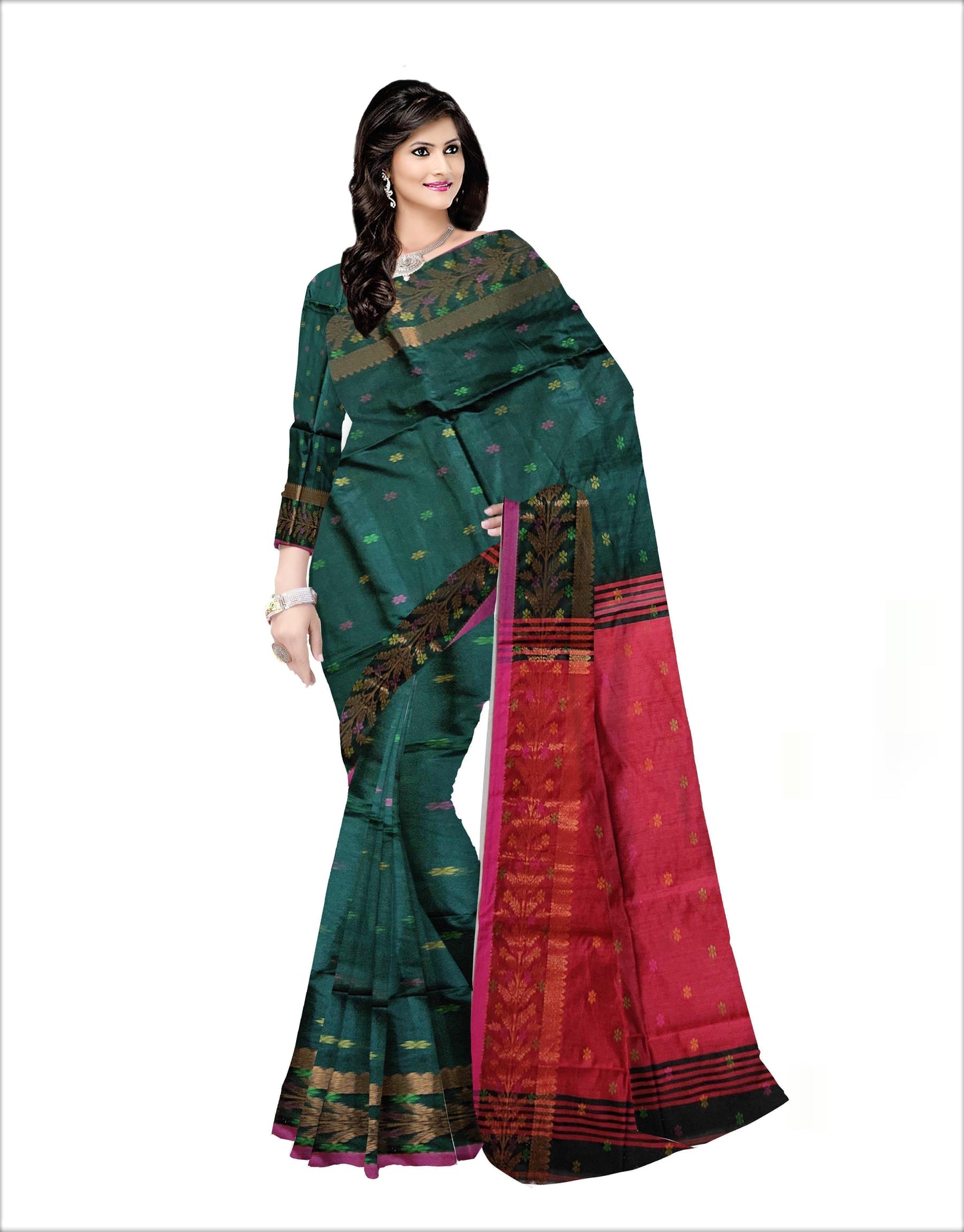 Pradip Fabrics Woven Deep Green and Red color Soft Handloom Saree