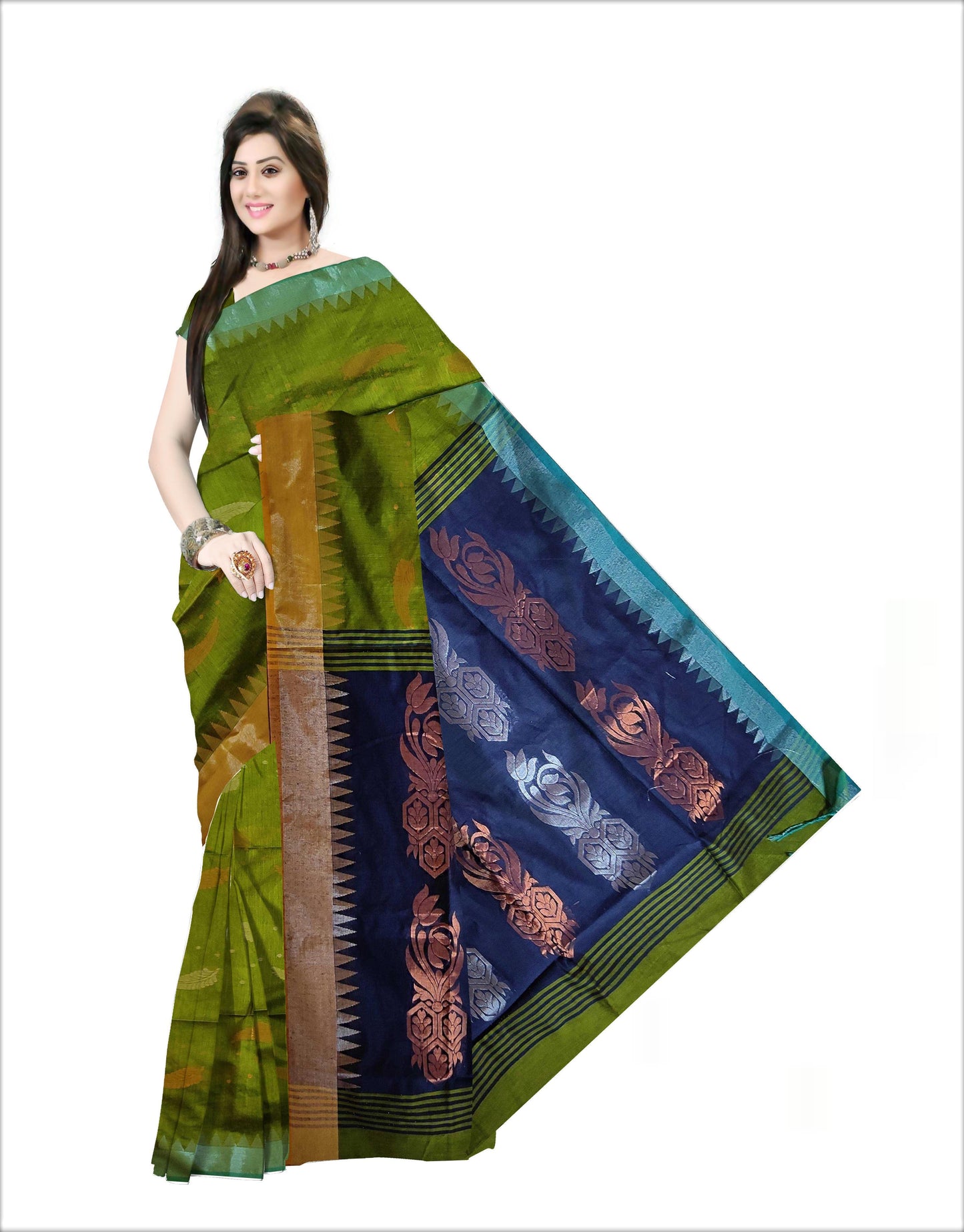 Pradip Fabrics Woven Green & Blue color Pure Cotton Soft Handloom Saree