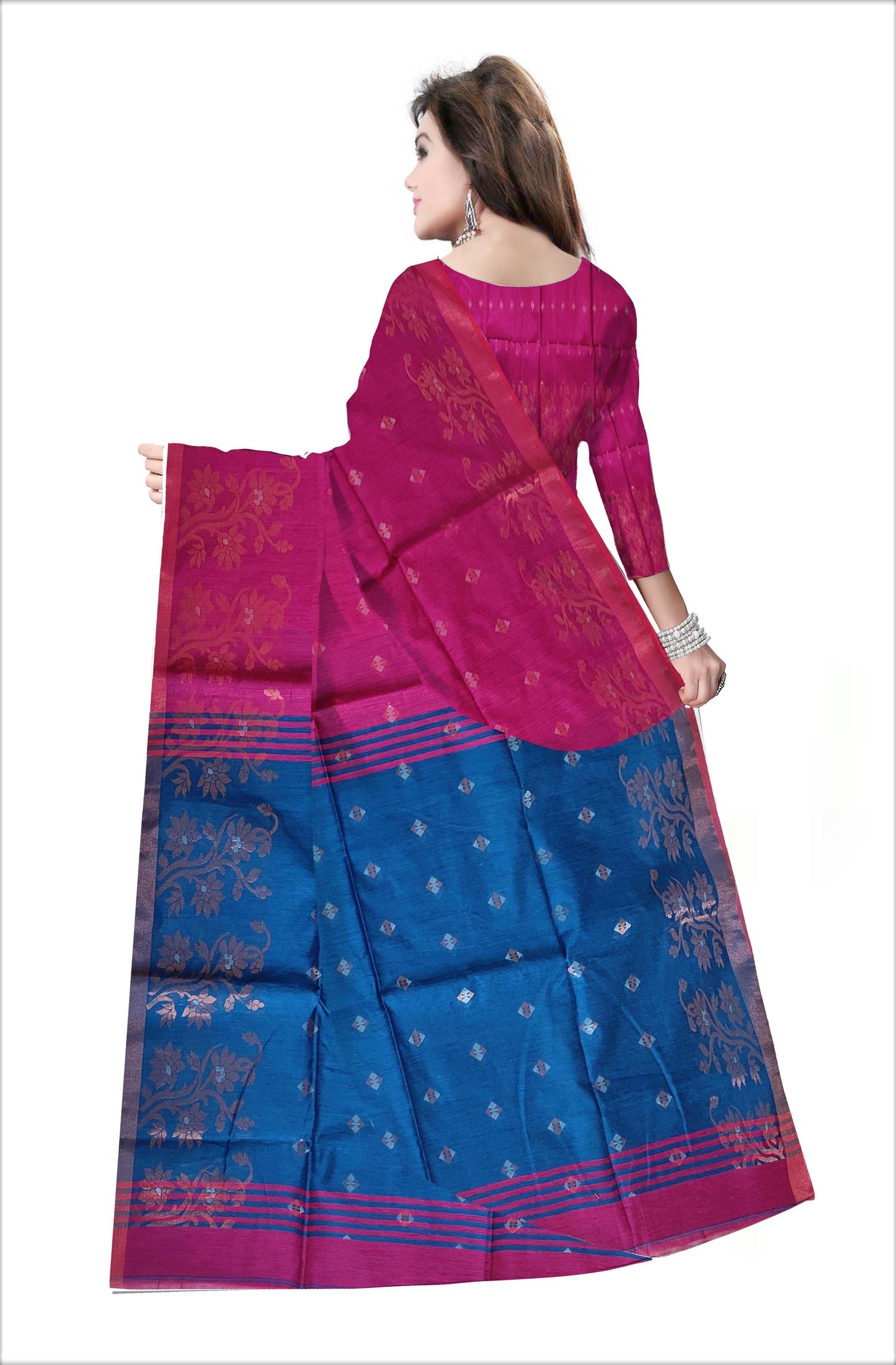 Pradip Fabrics Woven Deep pink & Sky Blue color Pure Soft Handloom Saree
