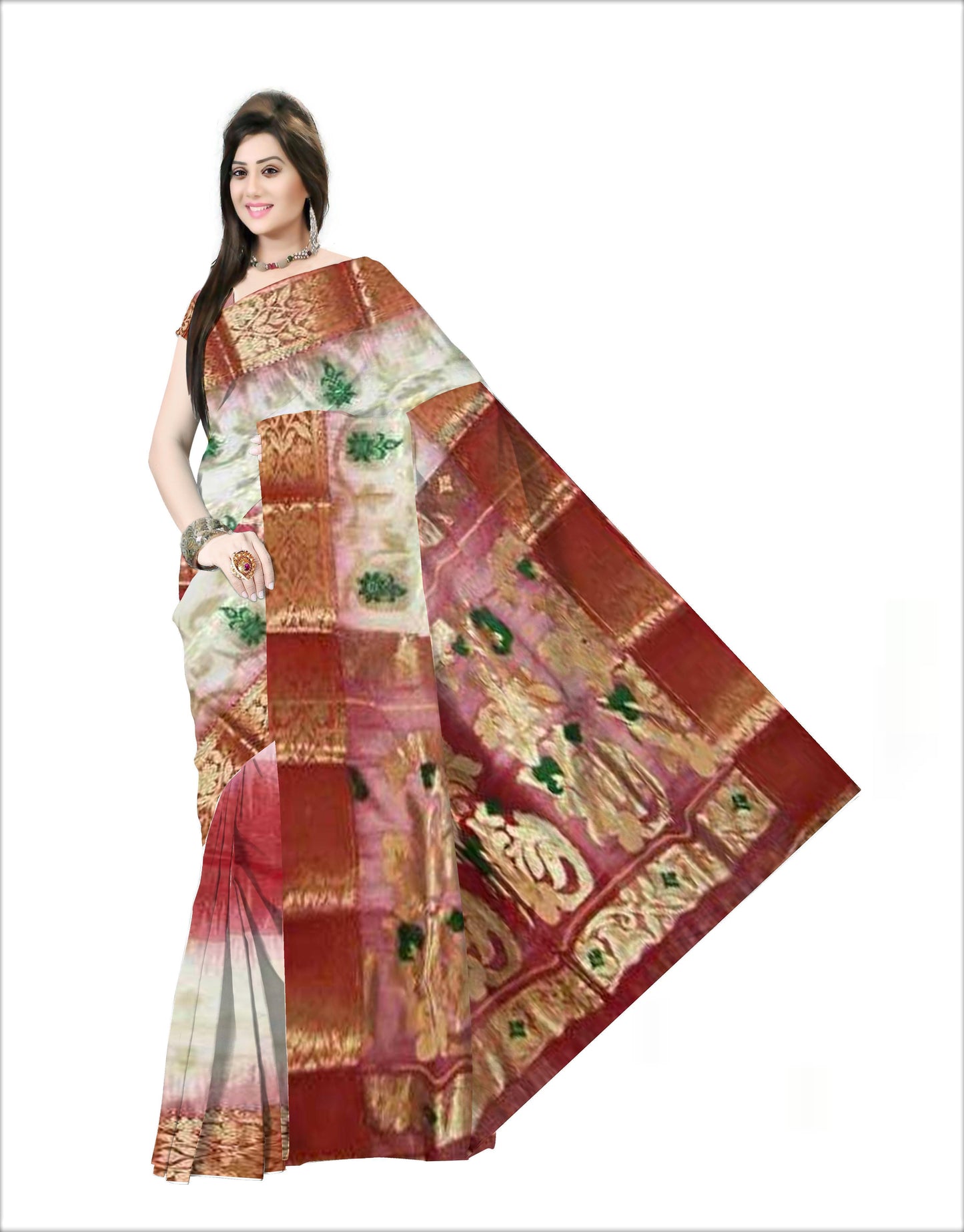 Pradip Fabrics Ethnic Women's Tant Silk Red and White Color Saree