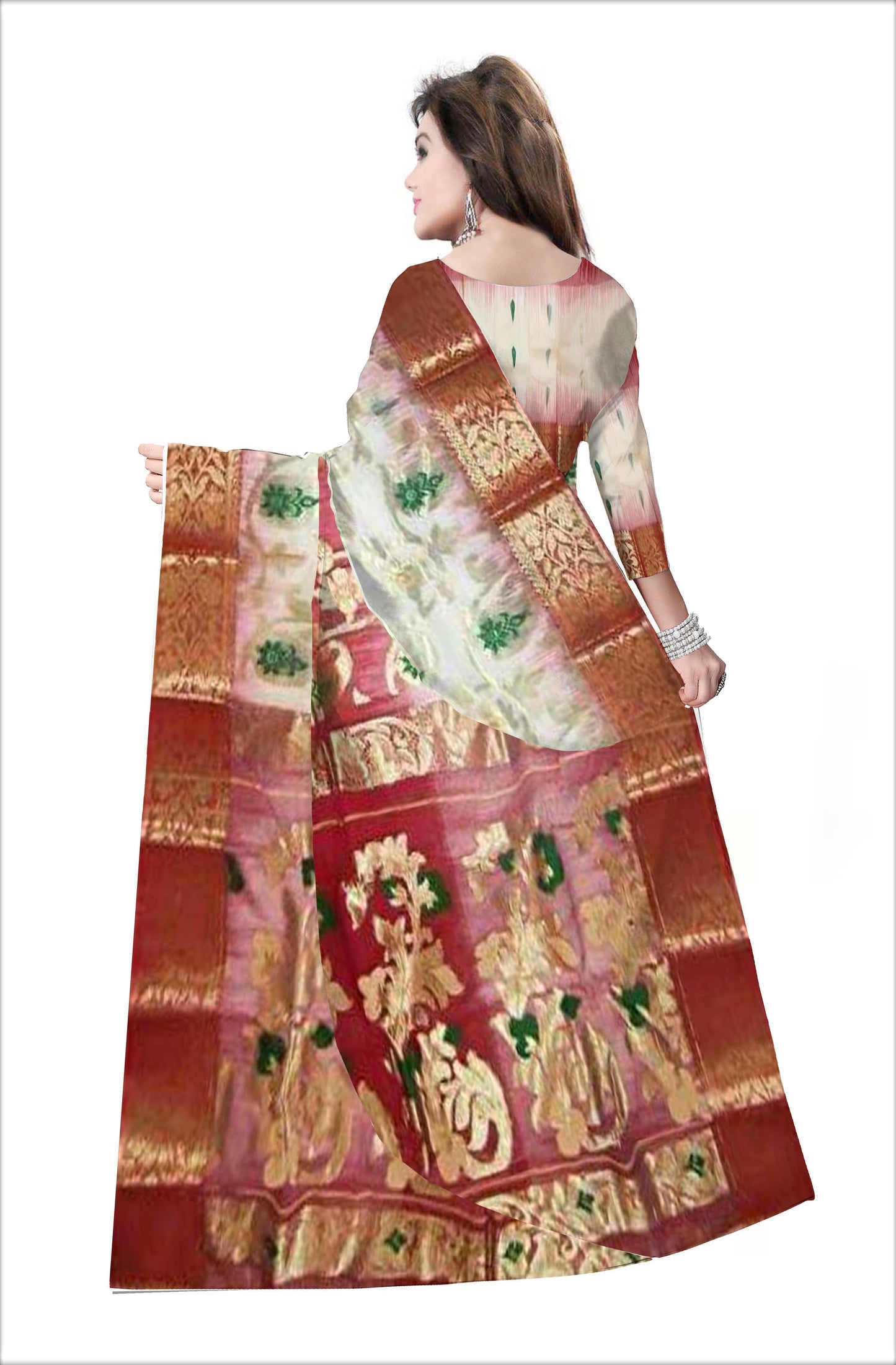 Pradip Fabrics Ethnic Women's Tant Silk Red and White Color Saree