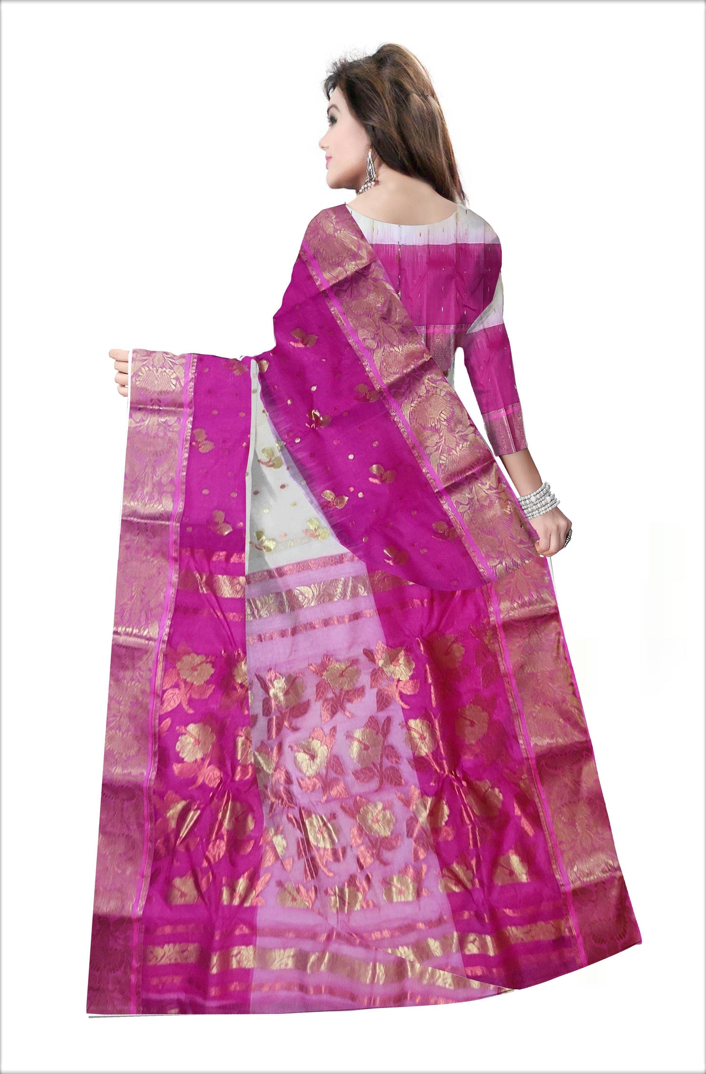 Pradip Fabrics Woven Tant Banarasi Cream and Pink Color Saree