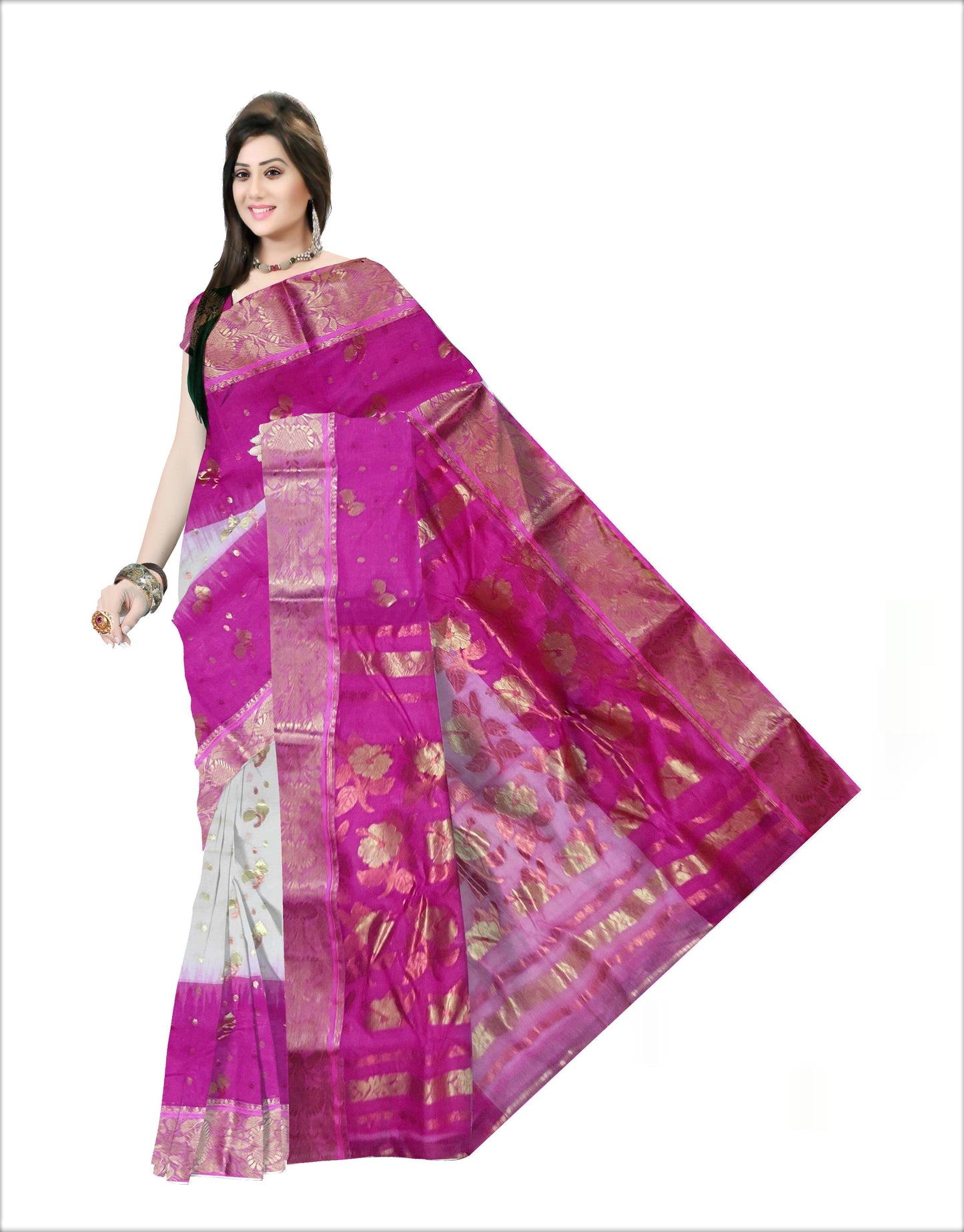 Pradip Fabrics Woven Tant Banarasi Cream and Pink Color Saree