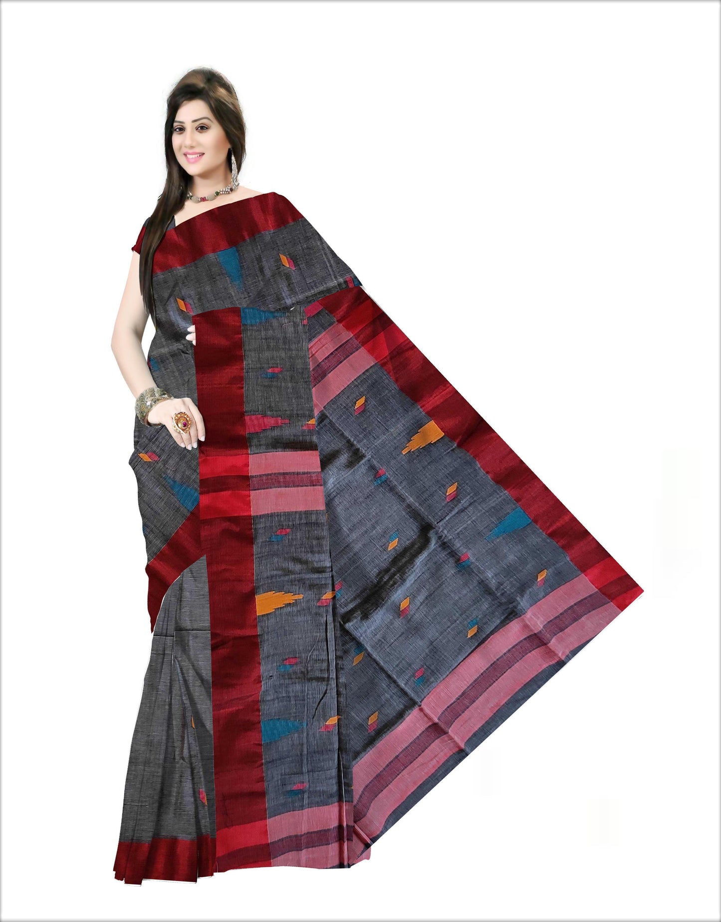 Pradip Fabrics Woven Soft Pur Cotton Handloom Grey & Red Color Saree