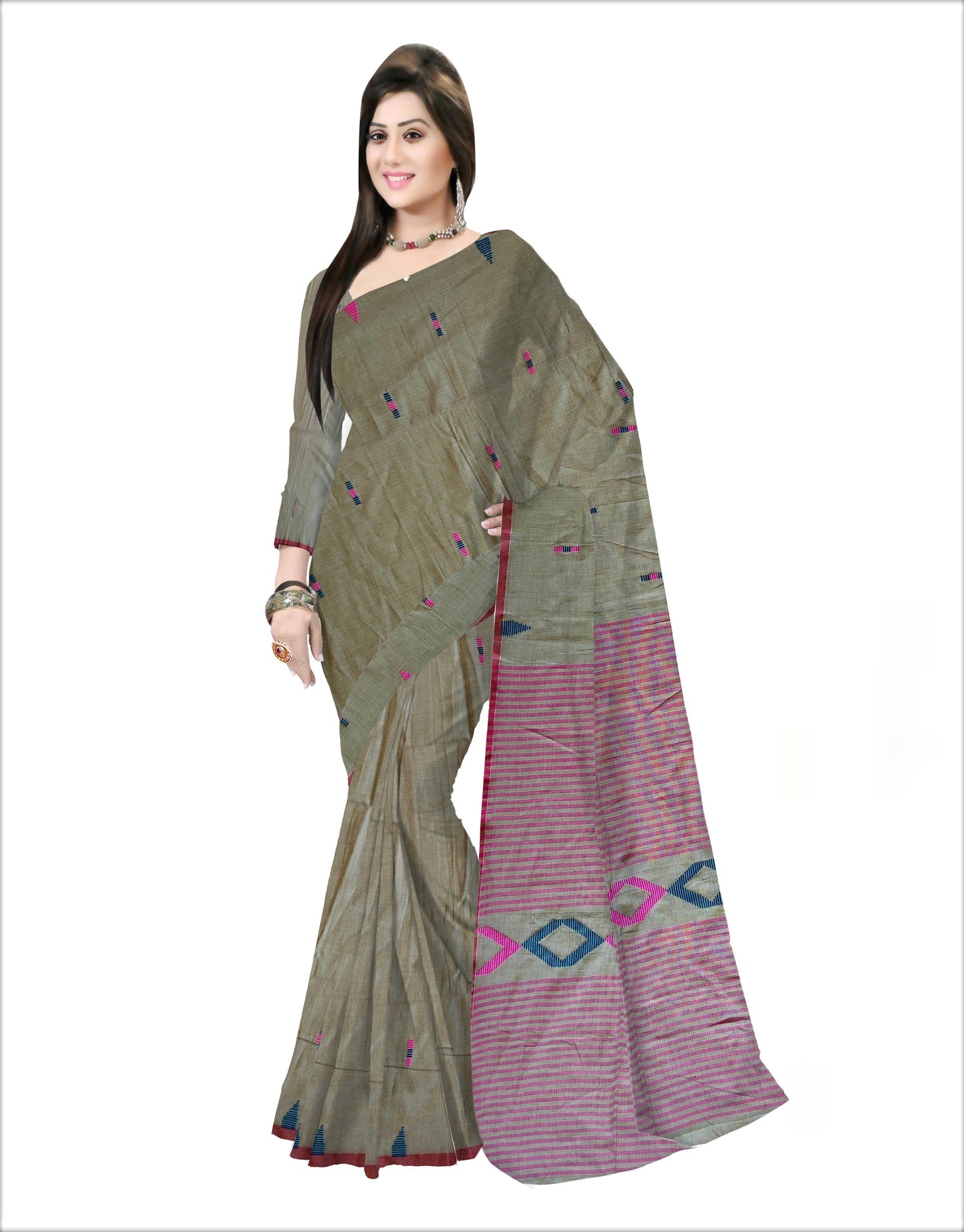 Pradip Fabrics Woven Soft Handloom pure cotton Olive Green  Color Saree