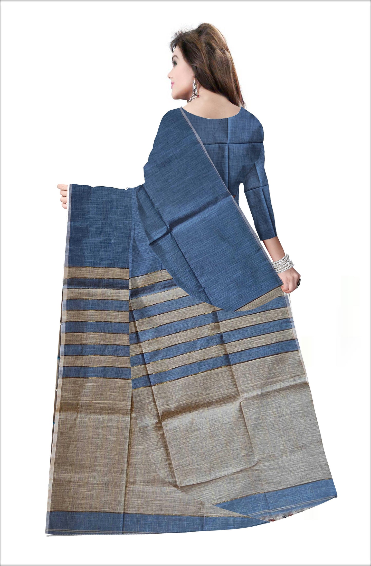 Pradip Fabrics Woven Soft Pure Cotton Handloom Sky blue & Cream Color Saree