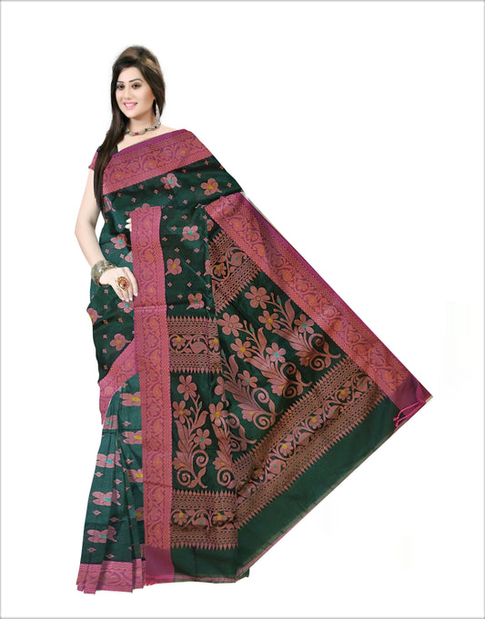 Pradip Fabrics Woven Soft Handloom Dark Green  Color Saree