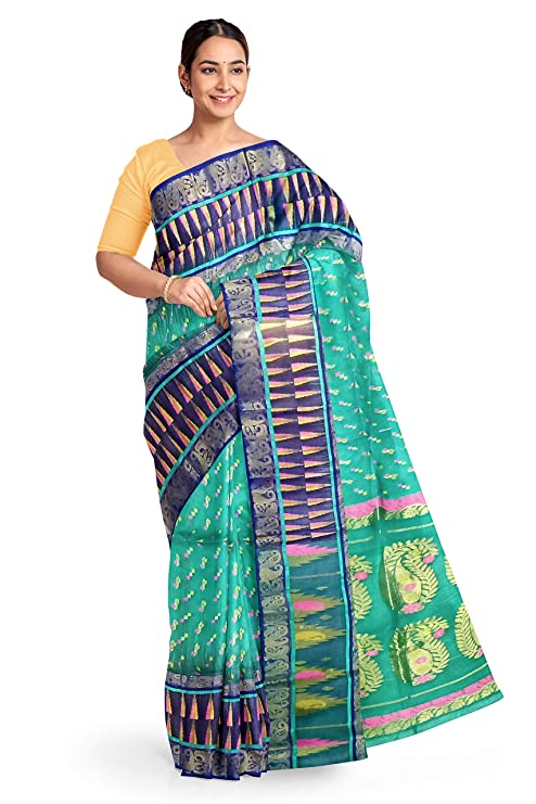 Pradip Fabrics Ethnic Women's All over Tant Jamdani Light Green and Blue Color Saree
