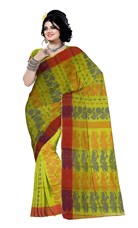 Pradip Fabrics Woven Tant Cotton All Over Dhakai Jamdani Yellow color Saree