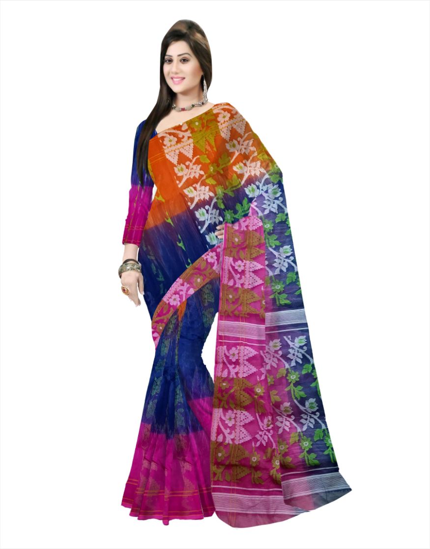 Pradip Fabrics Ethnic Women's Cotton Tant Gap Jamdani Green,Orange,and Blue Color Sareeen,Orange,an