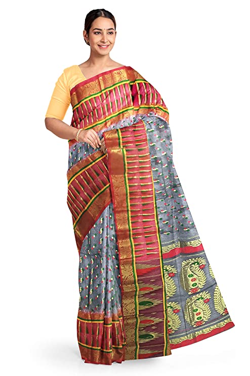Pradip Fabrics Ethnic Women's All over Tant Ash and Red Color Tant Benarasi Saree