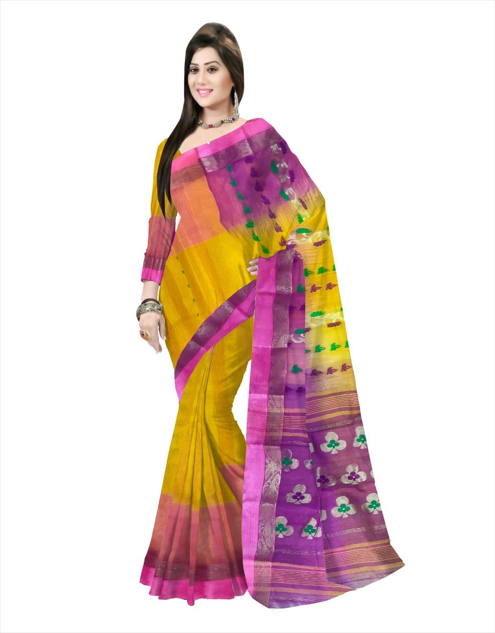 Pradip Fabrics Ethnic Women's Tant Silk Red and Yellow Color Saree
