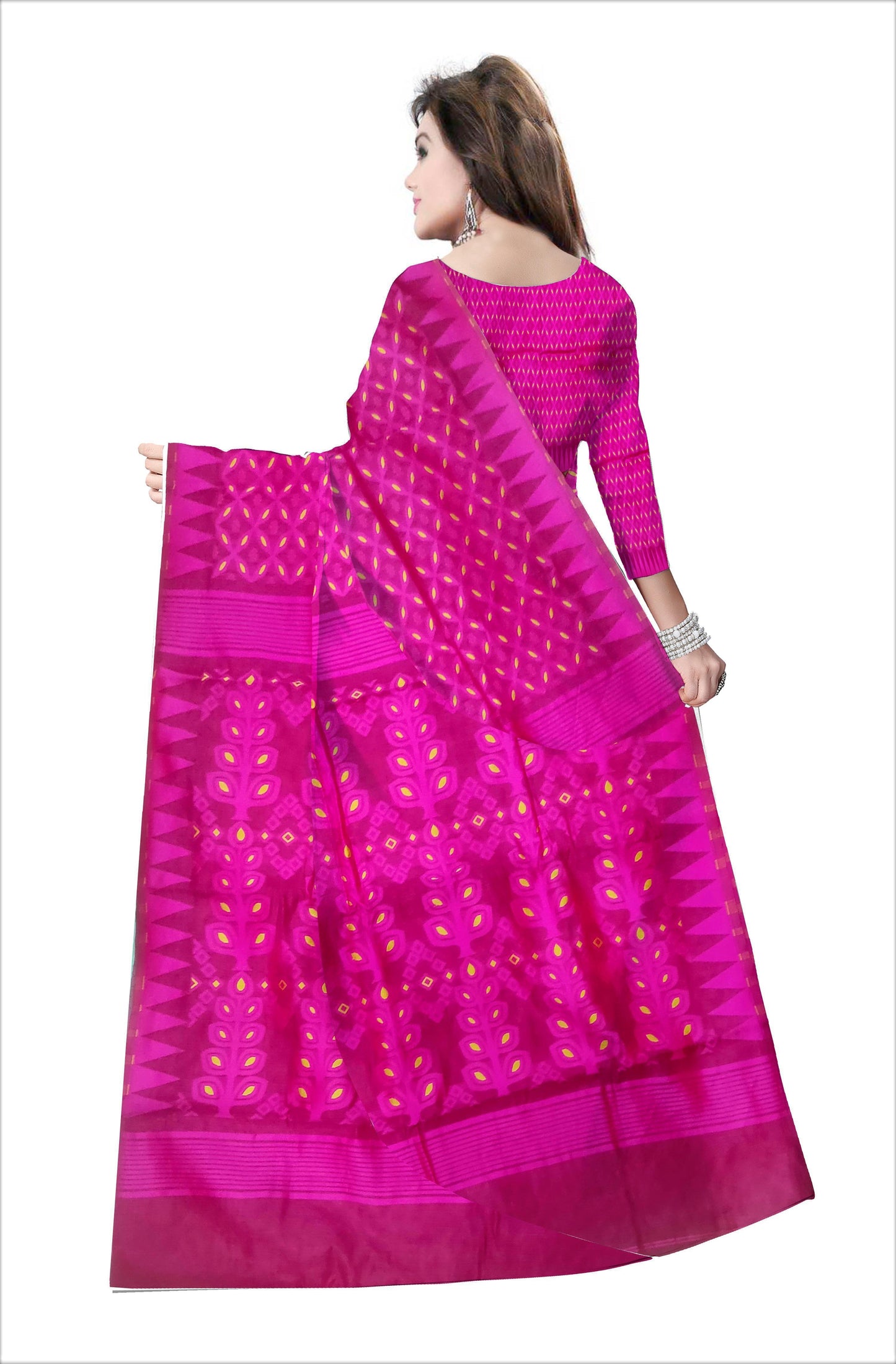 Pradip Fabrics Ethnic Women's Tant All Over Pink Dhakai Jamdani Minakari Saree