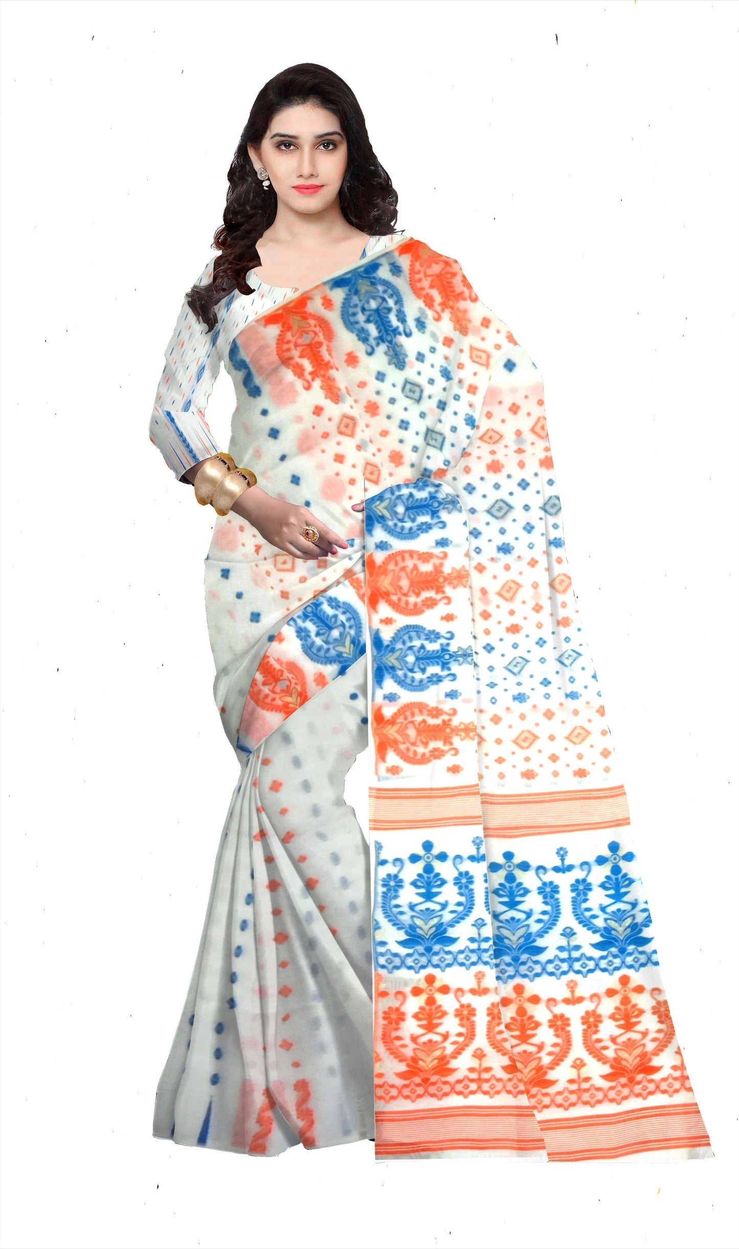 Pradip Fabrics Ethnic Woman's Tant All Over Dhakai off White Color Saree