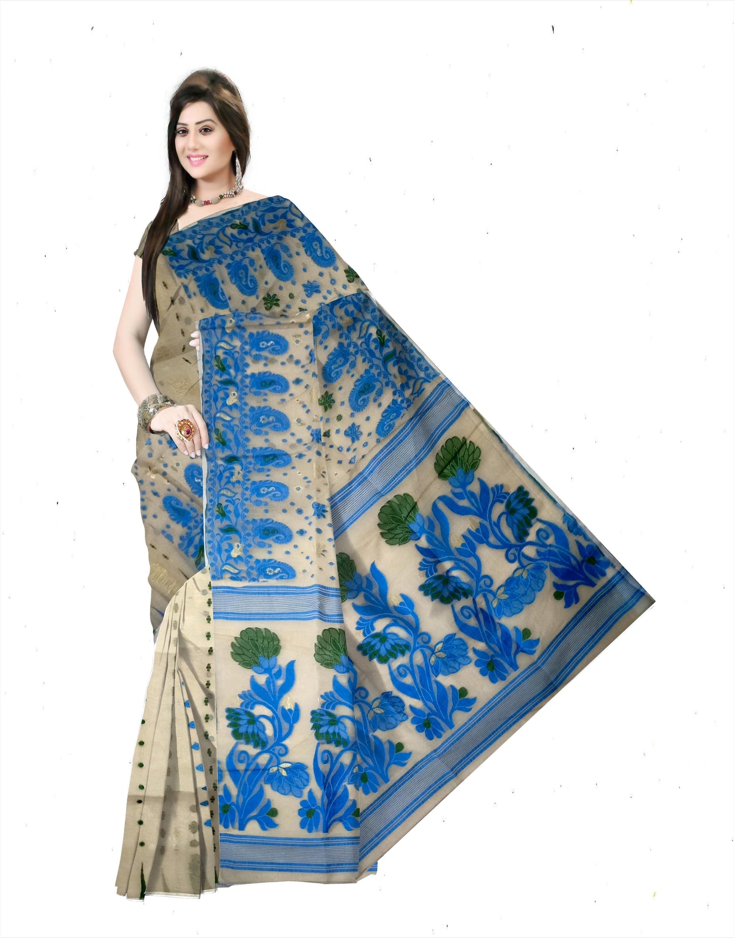 beige blue all over dhakai jamdani tant saree