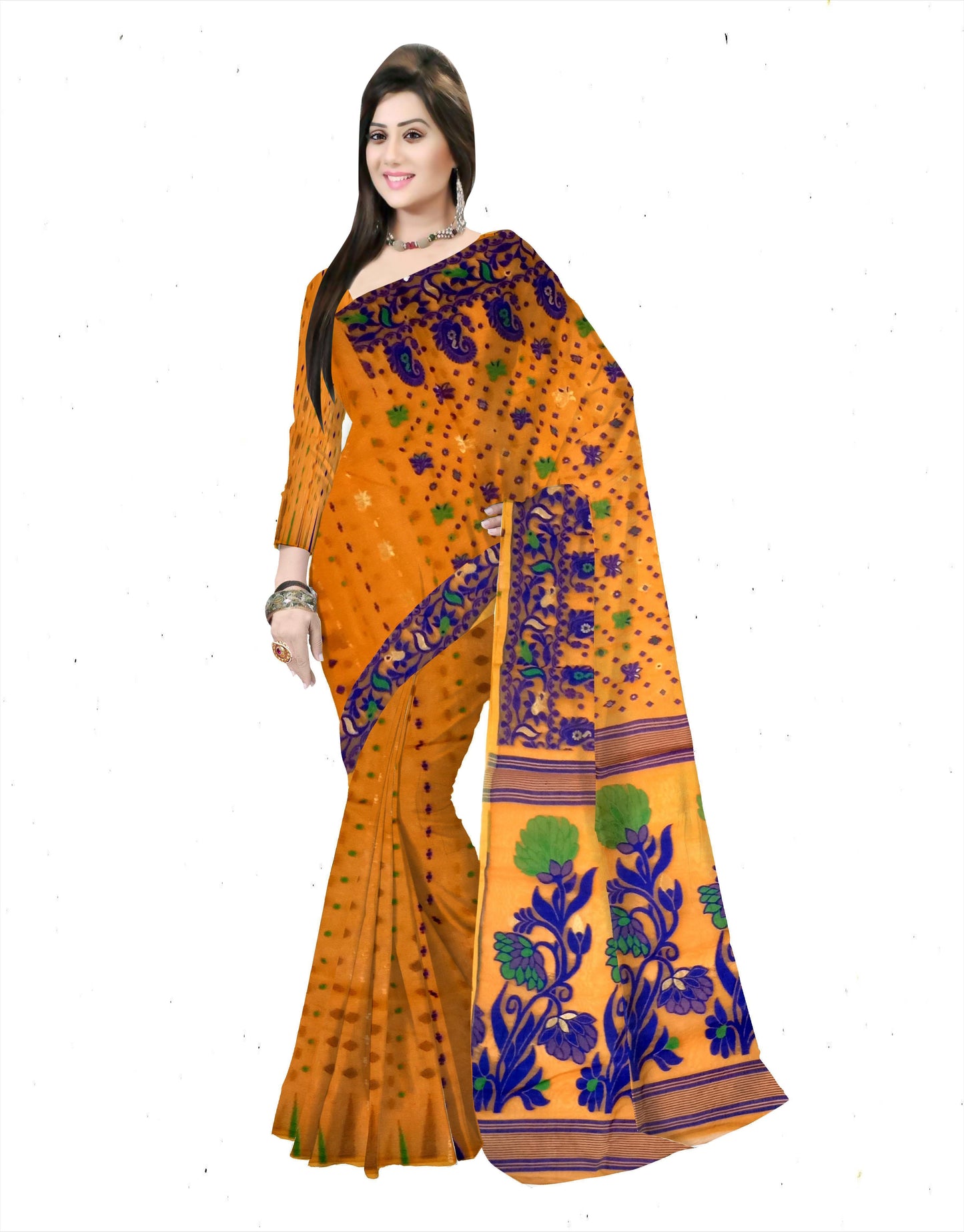Pradip Fabrics Ethnic Woman's Tant Dhakai Jamdani Brown and Blue Color Saree