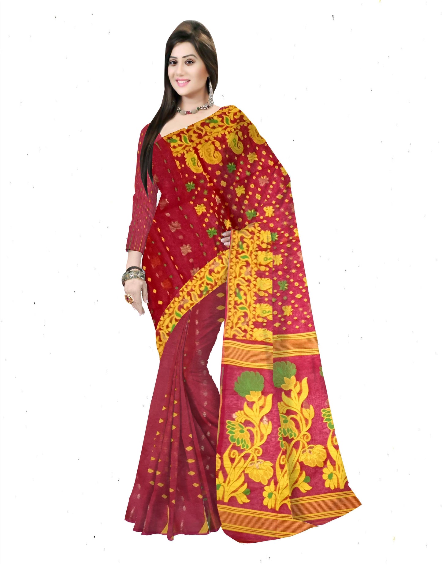 red yellow all over dhakai jamdani tant saree
