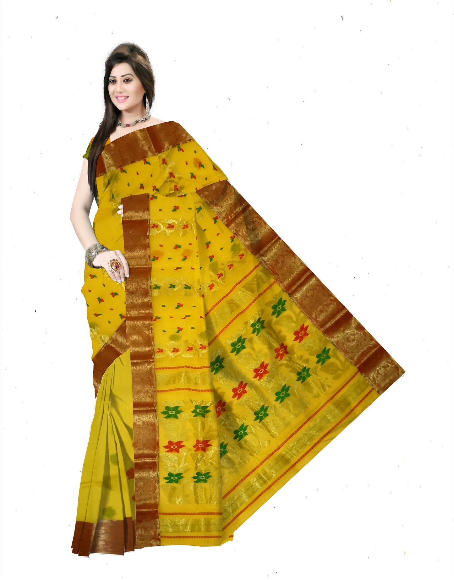 Pradip Fabrics Pure Tant Cotton Yellow Body and Golden Border Saree