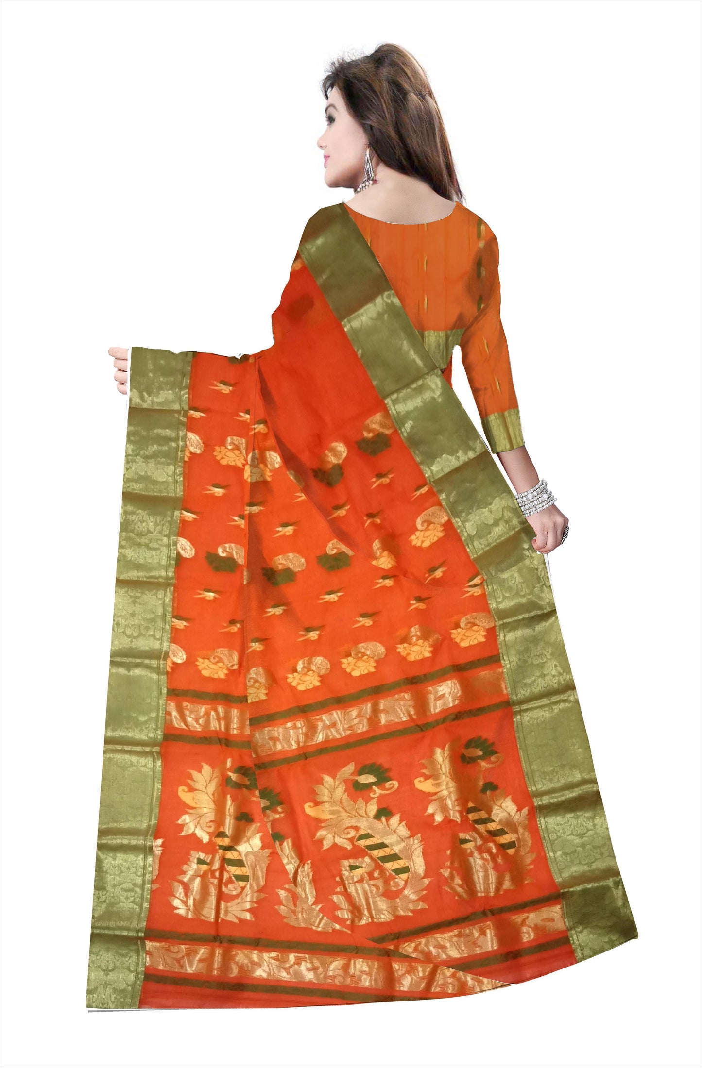 Pradip Fabrics Pure Tant Cotton Orange Color Saree