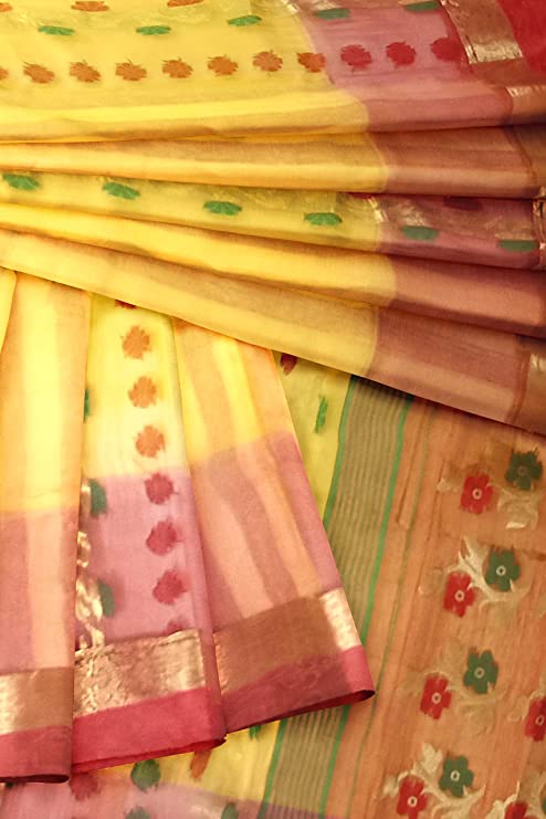 Pradip Fabrics Ethnic Women's Tant Silk Dark Yellow Color Baluchuri Saree