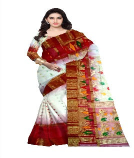 Pradip Fabrics Ethnic Women's Tant Silk Benarasi Red and Yellow Color Saree