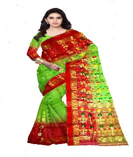 Pradip Fabrics Ethnic Women's Tant Silk Red and Light Green Color Saree