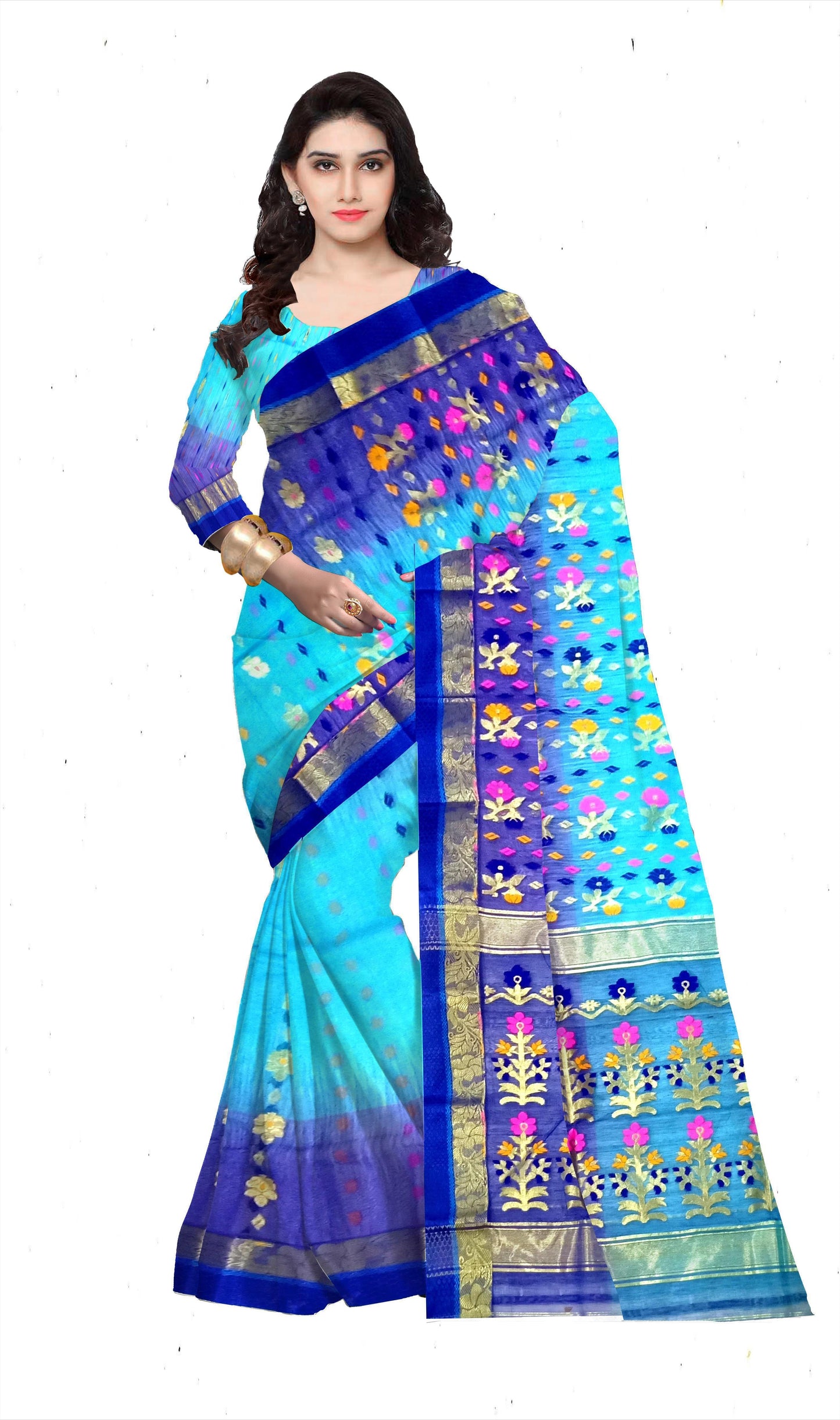 Pradip Fabrics Ethnic Women's Tant Silk Blue and Aqua Color Saree
