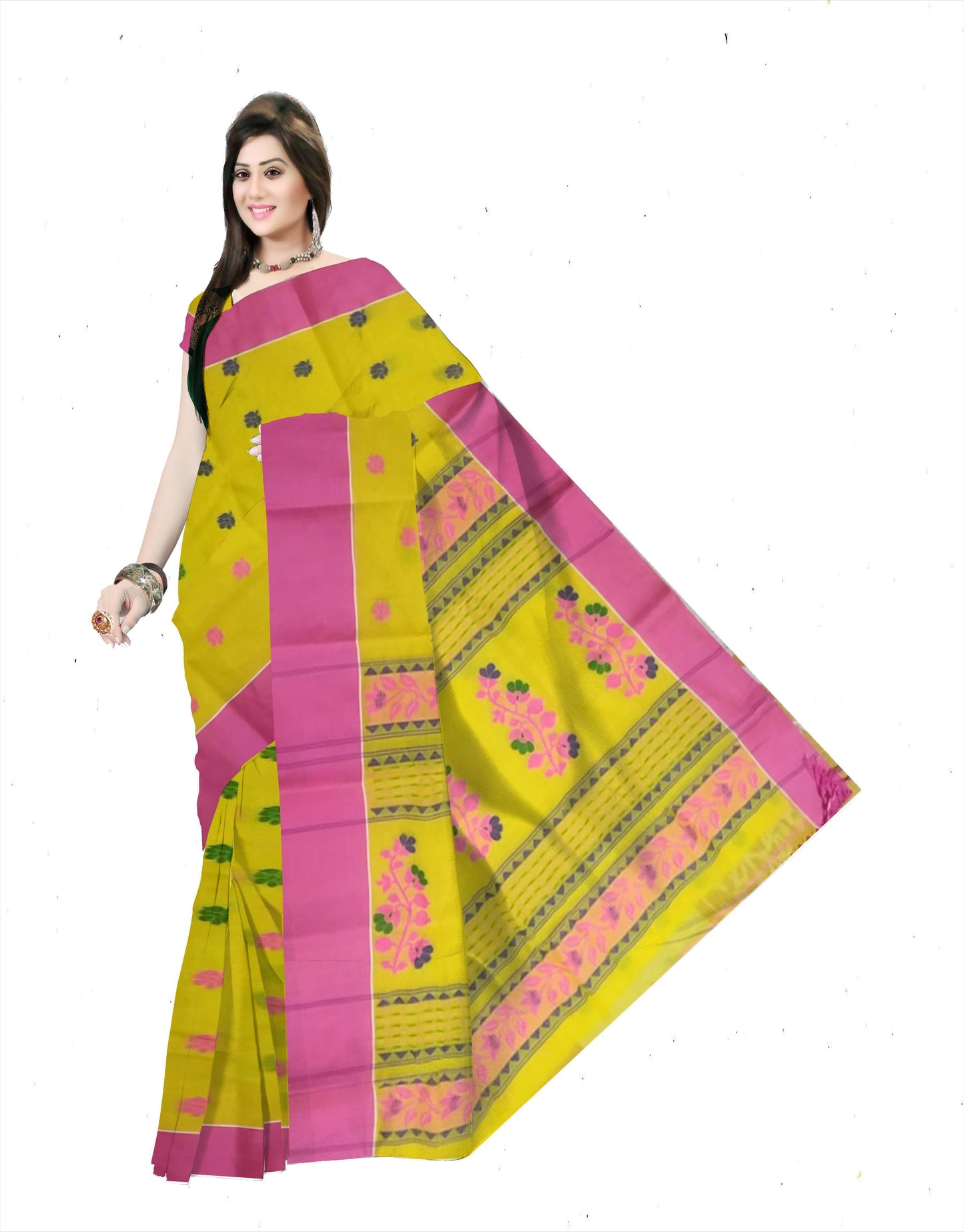 Pradip Fabrics Ethnic Women's Pure 100% Tant Cotton Yellow Body and Pink Border Saree
