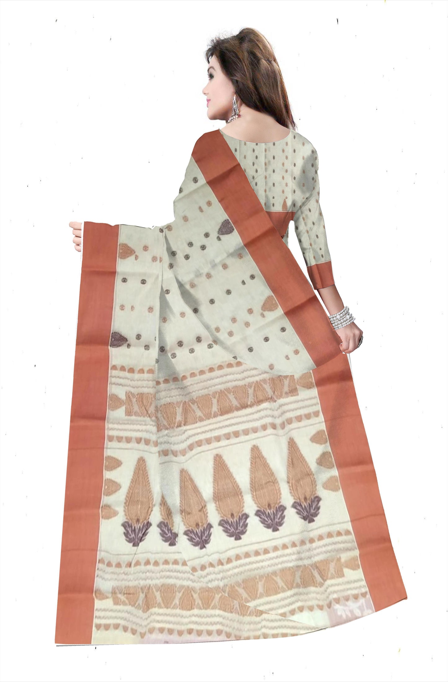 Pradip Fabrics Ethnic Women's Pure 100% Tant Cotton Deep Cream Body and Red Border Saree