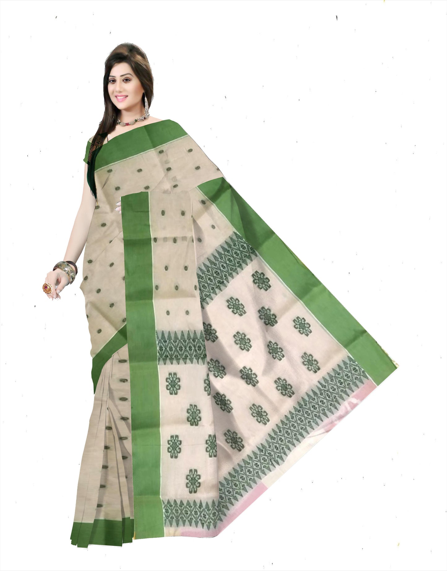 Pradip Fabrics Ethnic Women's Pure 100% Tant Cotton Beige Body and Green Border Saree