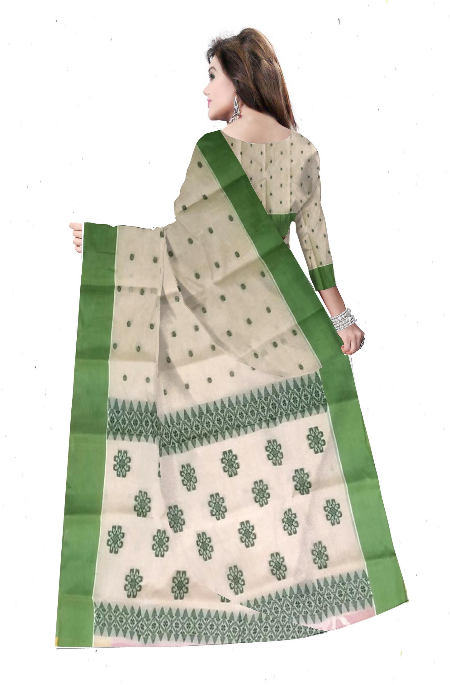 Pradip Fabrics Ethnic Women's Pure 100% Tant Cotton Beige Body and Green Border Saree