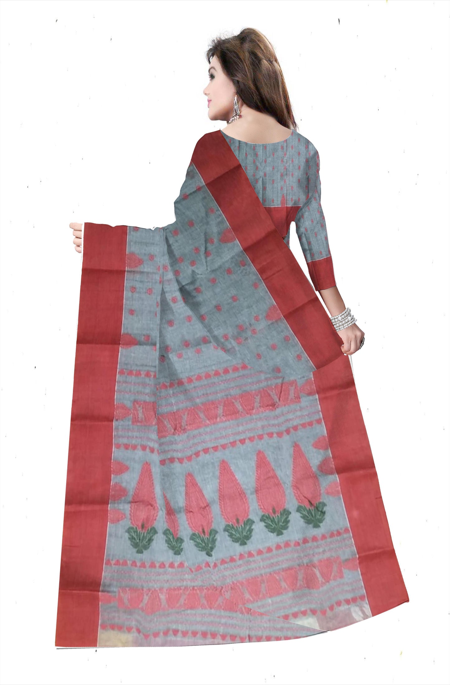 Pradip Fabrics Ethnic Women's Pure 100% Tant Cotton Black Body and Red Border Saree