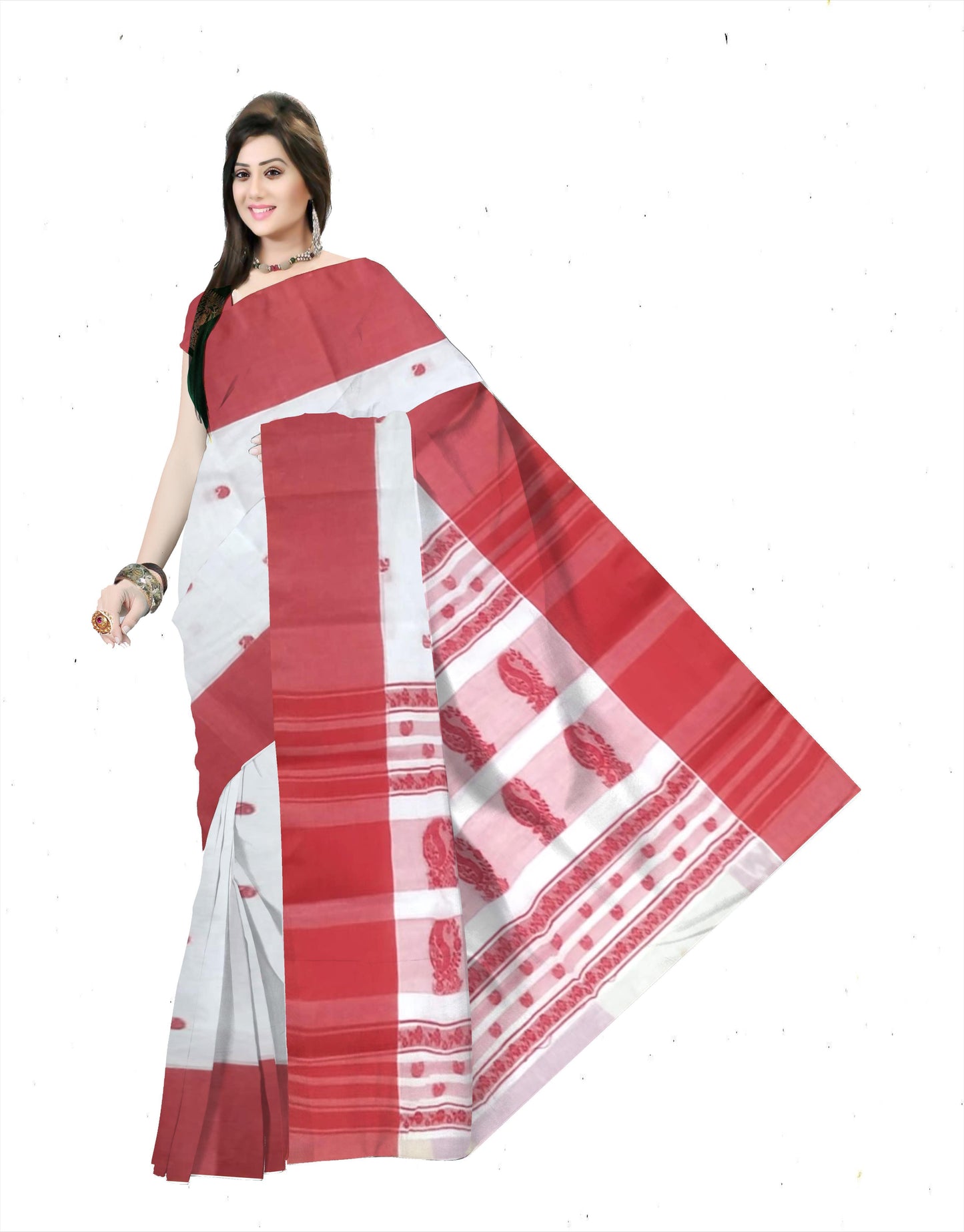 Pradip Fabrics Ethnic Women's Pure 100% Tant Cotton White Body and Red Border Saree