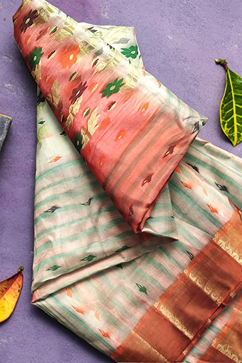 Pradip Fabrics Ethnic Women's Tant Silk Red and White Color Baluchuri Saree