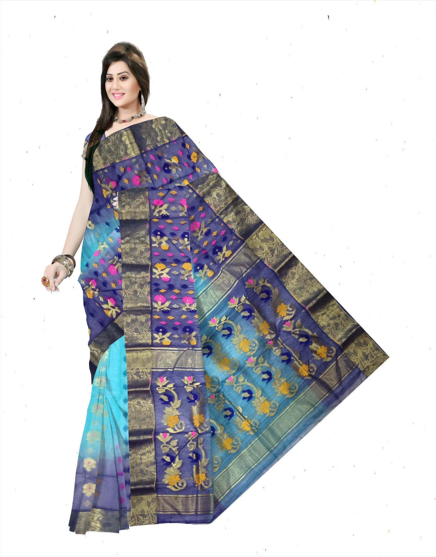 Pradip Fabrics Ethnic Women's Tant Silk Green and Blue Color Buti Work Floral Design Saree