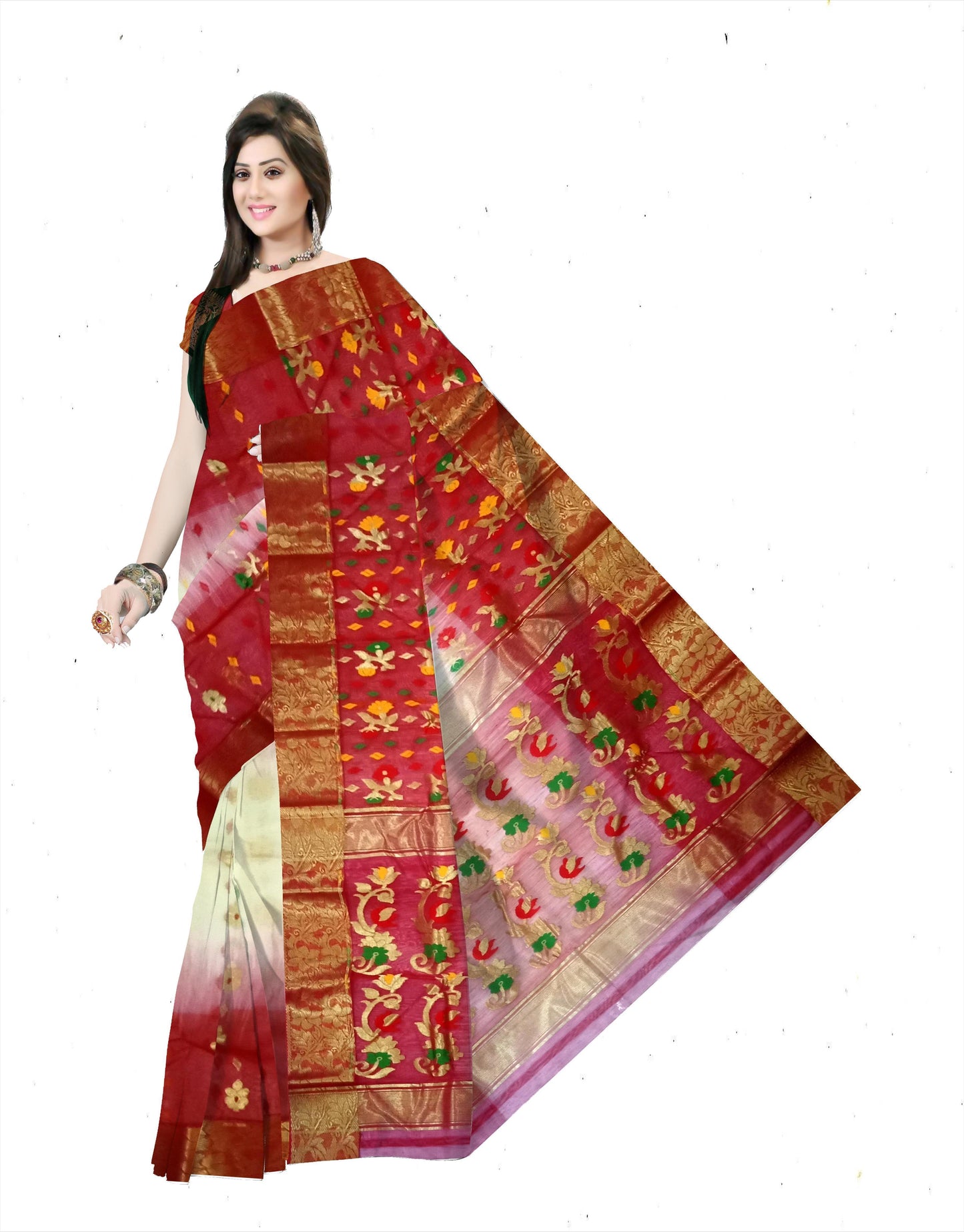 Pradip Fabrics Ethnic Women's Tant Silk Green and Blue Color Buti Work Floral Design Saree