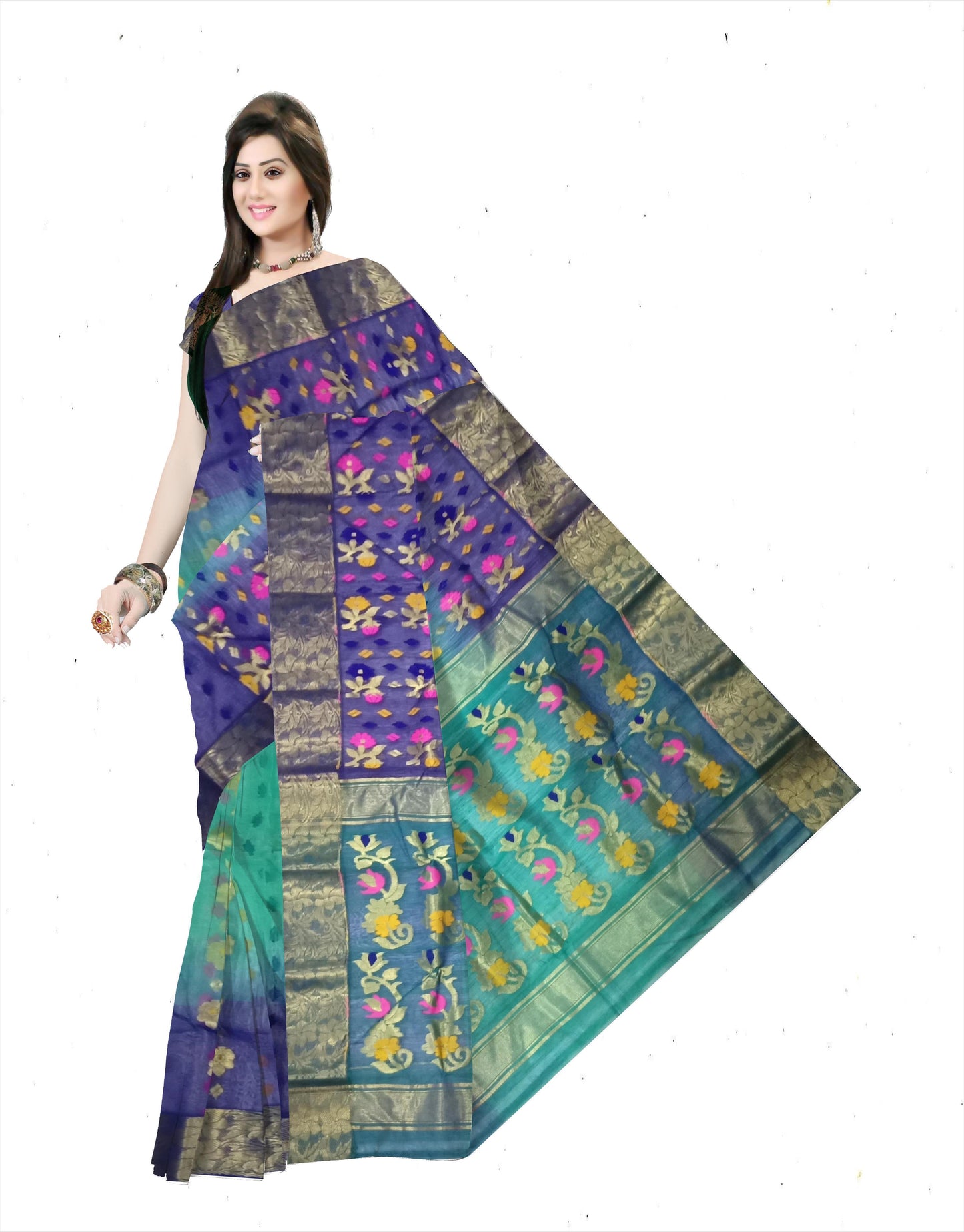 Pradip Fabrics Ethnic Women's Tant Silk Green and Blue Color Buti Work Floral Design Saree