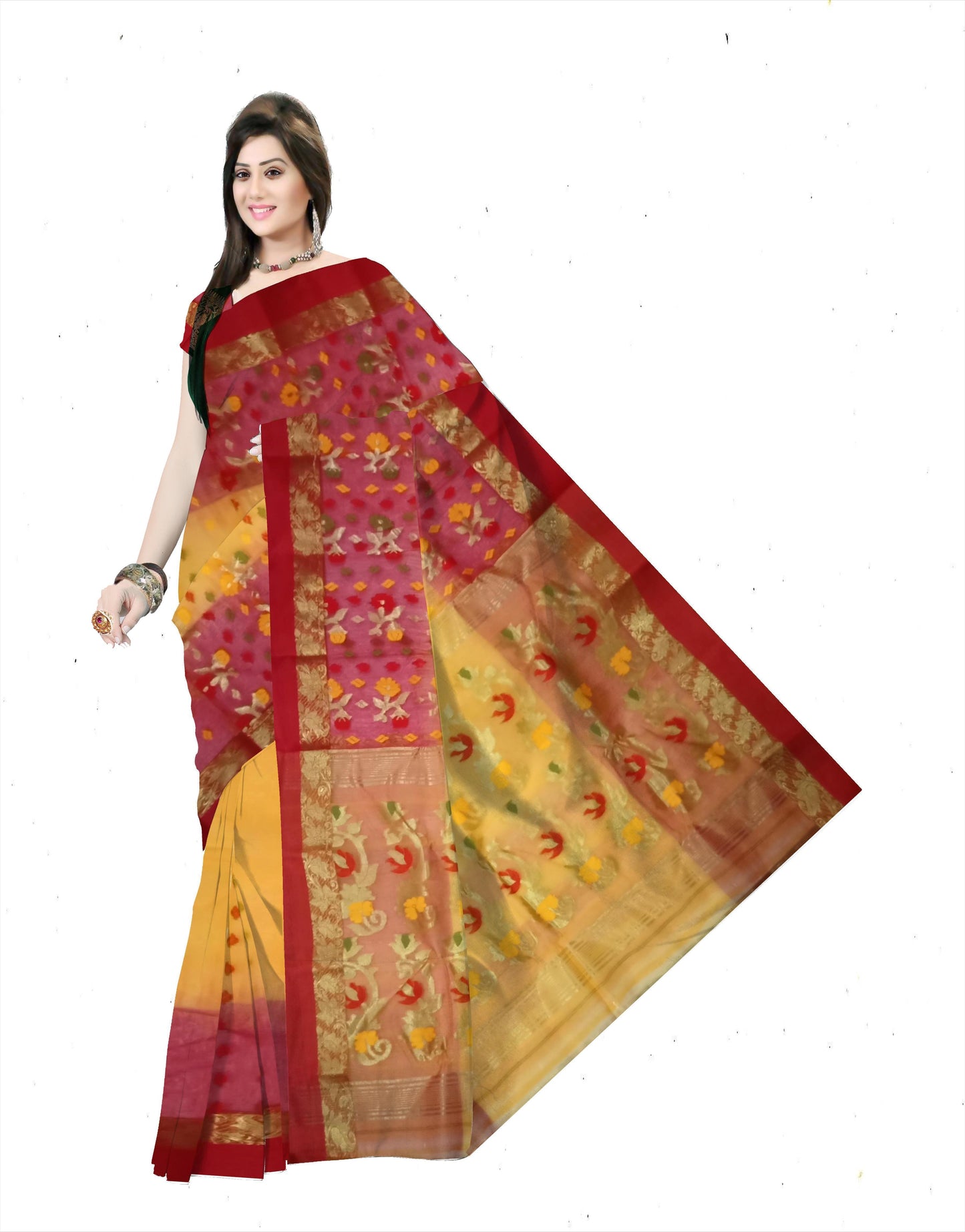 Pradip Fabrics Ethnic Women's Tant Silk Green and Blue Color Buti Work Floral Design Saree