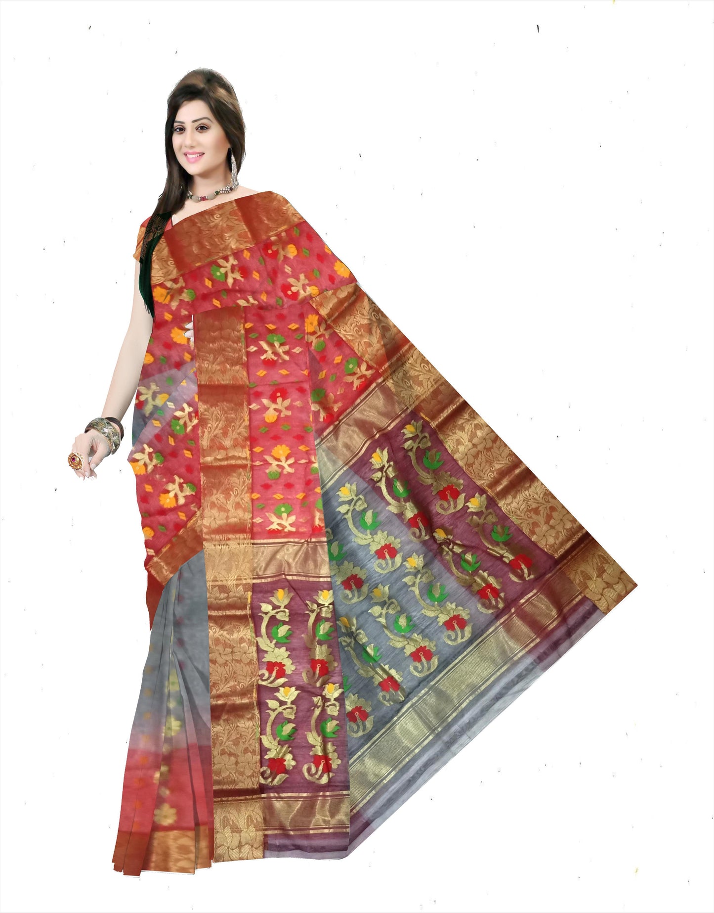 Pradip Fabrics Ethnic Women's Tant Silk Green and Blue Color Buti Work Floral Design Saree