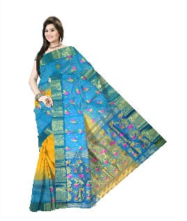 Pradip Fabrics Ethnic Women's Tant Silk Sky blue and Yellow Color Saree