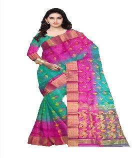 Pradip Fabrics Ethnic Women's Tant Silk Sky blue and Yellow Color Saree